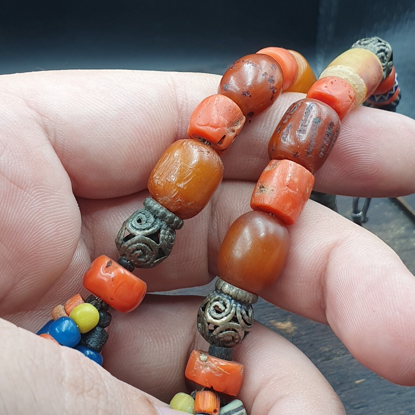 Antique Silver, Amber, Coral, Chevron, Agate, Roman Glass Beads Necklace