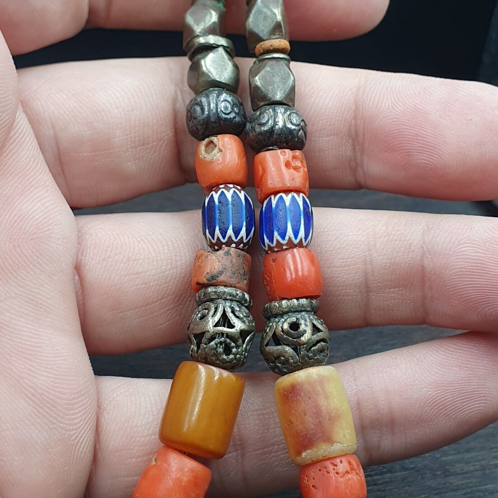 Antique Silver, Amber, Coral, Chevron, Agate, Roman Glass Beads Necklace