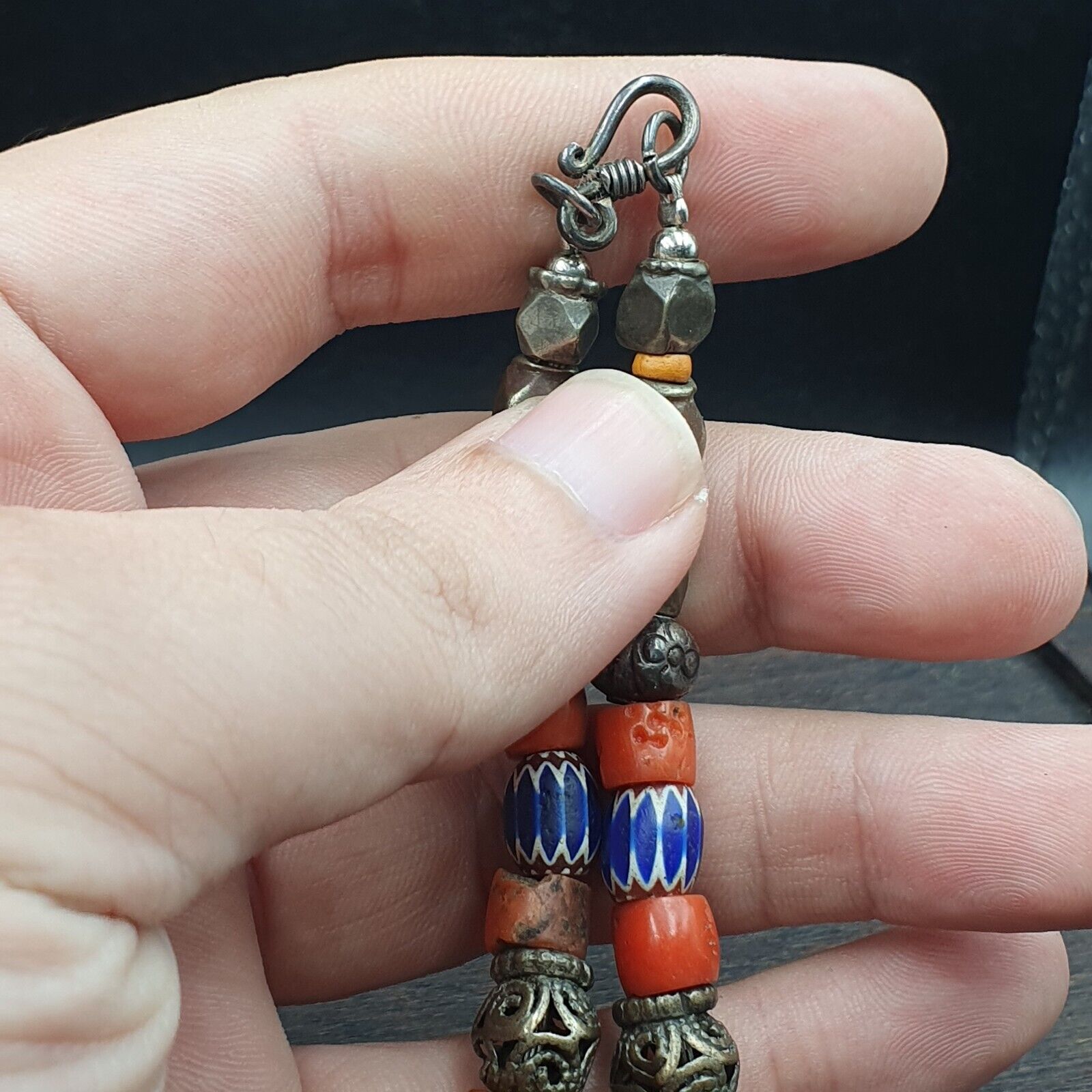 Antique Silver, Amber, Coral, Chevron, Agate, Roman Glass Beads Necklace