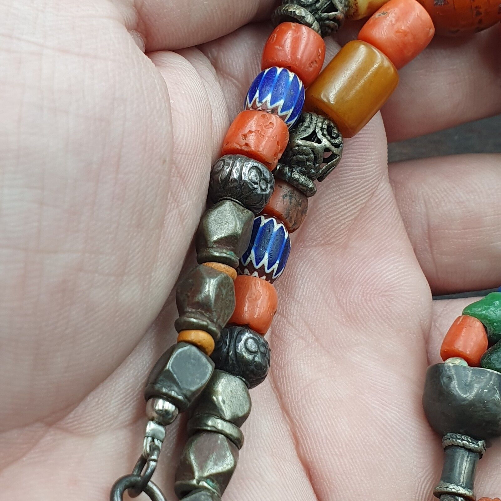 Antique Silver, Amber, Coral, Chevron, Agate, Roman Glass Beads Necklace