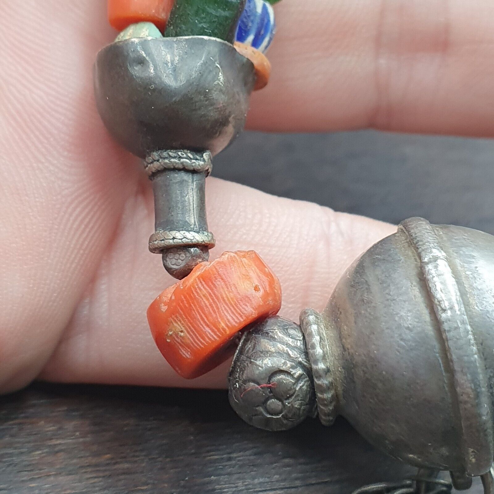 Antique Silver, Amber, Coral, Chevron, Agate, Roman Glass Beads Necklace
