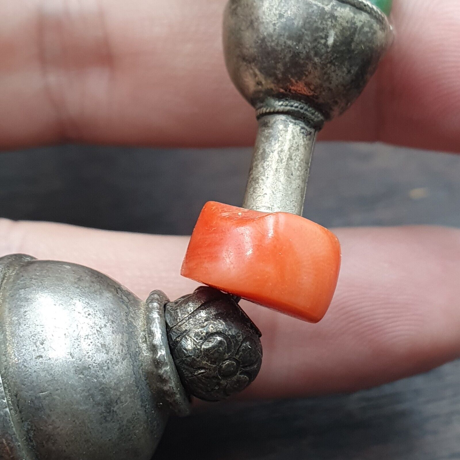 Antique Silver, Amber, Coral, Chevron, Agate, Roman Glass Beads Necklace