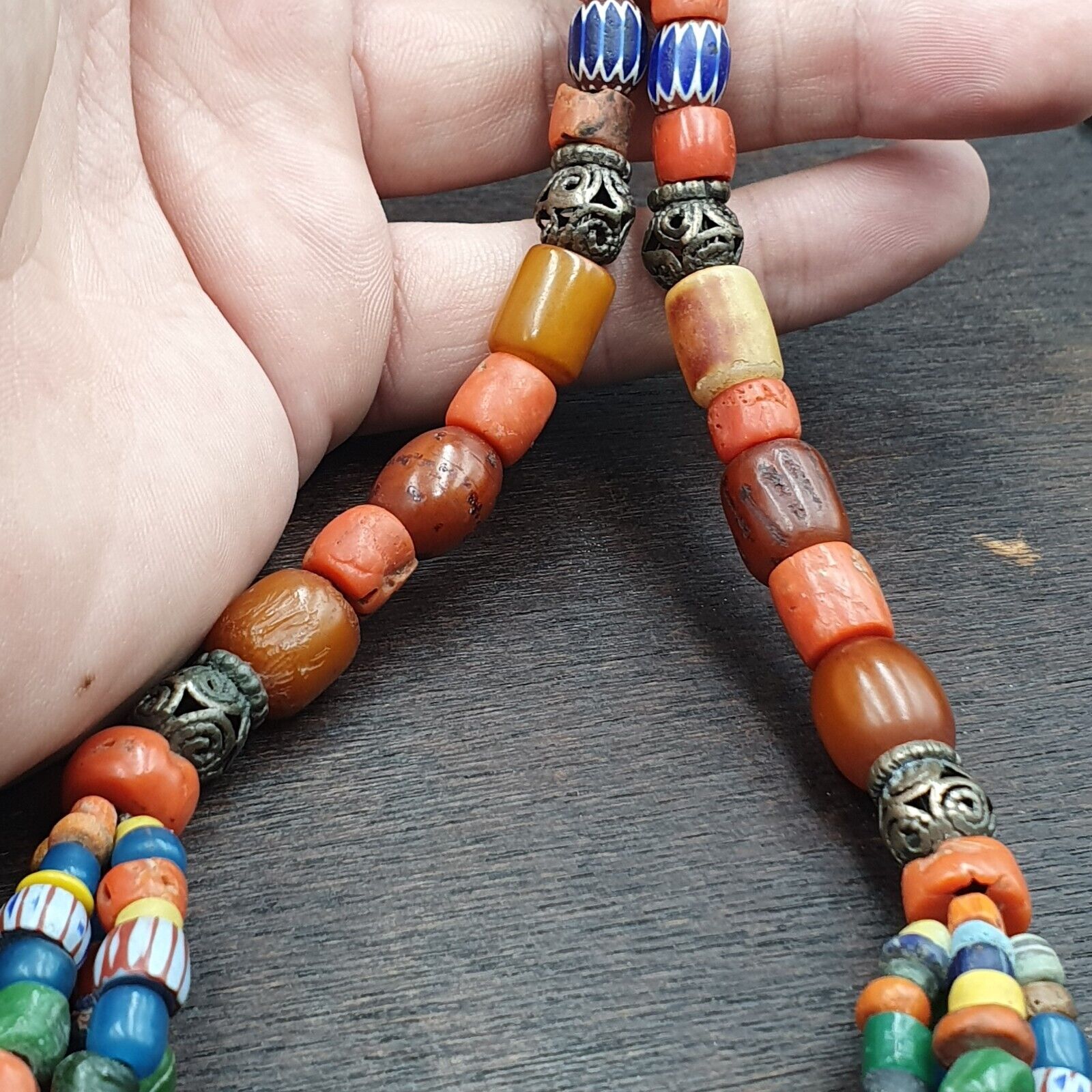 Antique Silver, Amber, Coral, Chevron, Agate, Roman Glass Beads Necklace