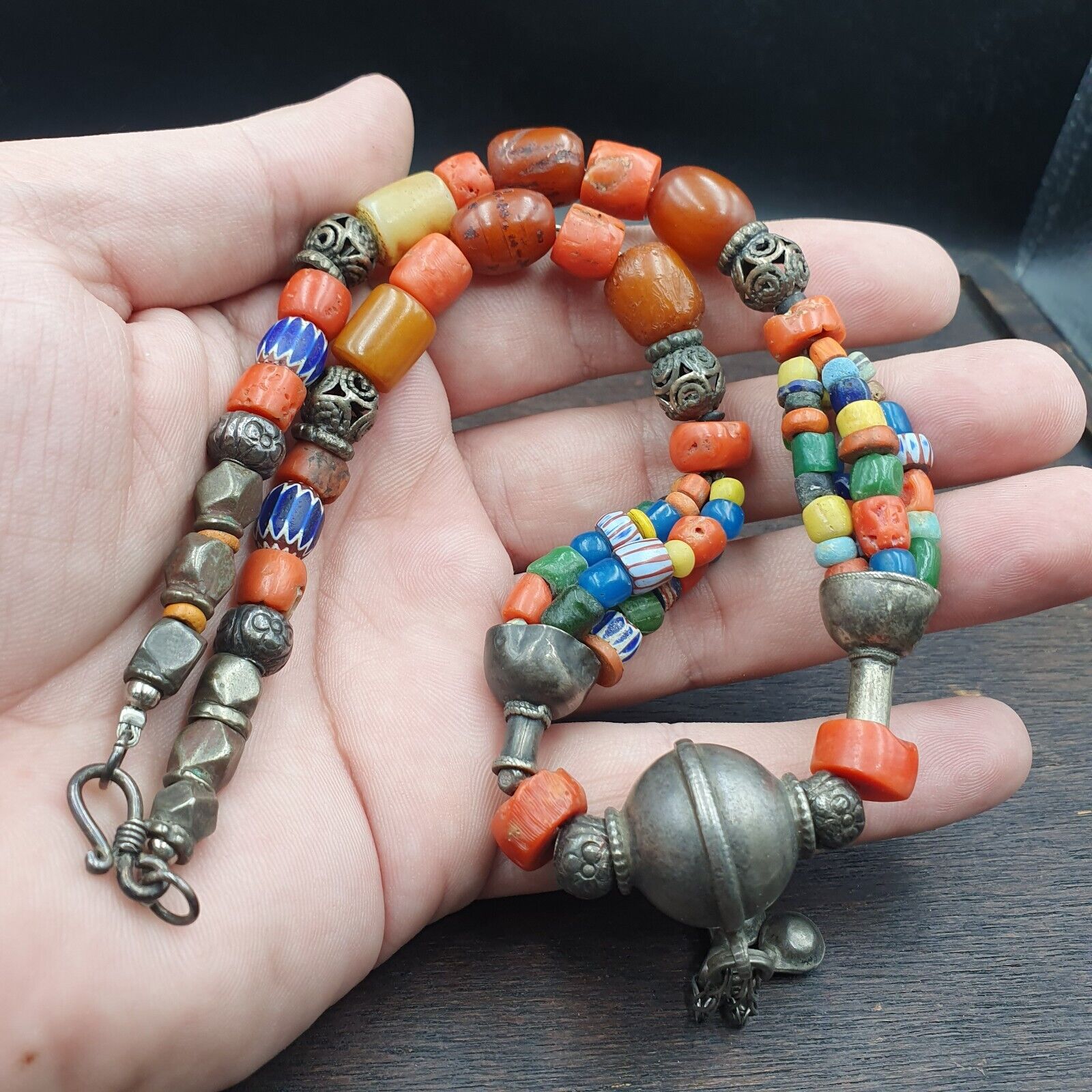 Antique Silver, Amber, Coral, Chevron, Agate, Roman Glass Beads Necklace