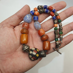 Antique Silver, Amber, Coral, Chevron, Agate, Mosiac Roman Glass  Beads Necklace