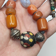 Antique Silver, Amber, Coral, Chevron, Agate, Mosiac Roman Glass  Beads Necklace