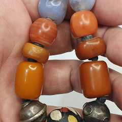 Antique Silver, Amber, Coral, Chevron, Agate, Mosiac Roman Glass  Beads Necklace