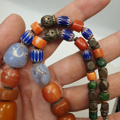 Antique Silver, Amber, Coral, Chevron, Agate, Mosiac Roman Glass  Beads Necklace