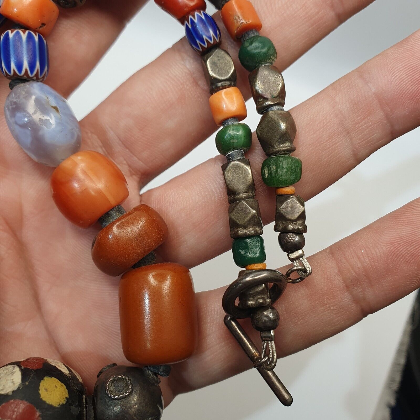 Antique Silver, Amber, Coral, Chevron, Agate, Mosiac Roman Glass  Beads Necklace
