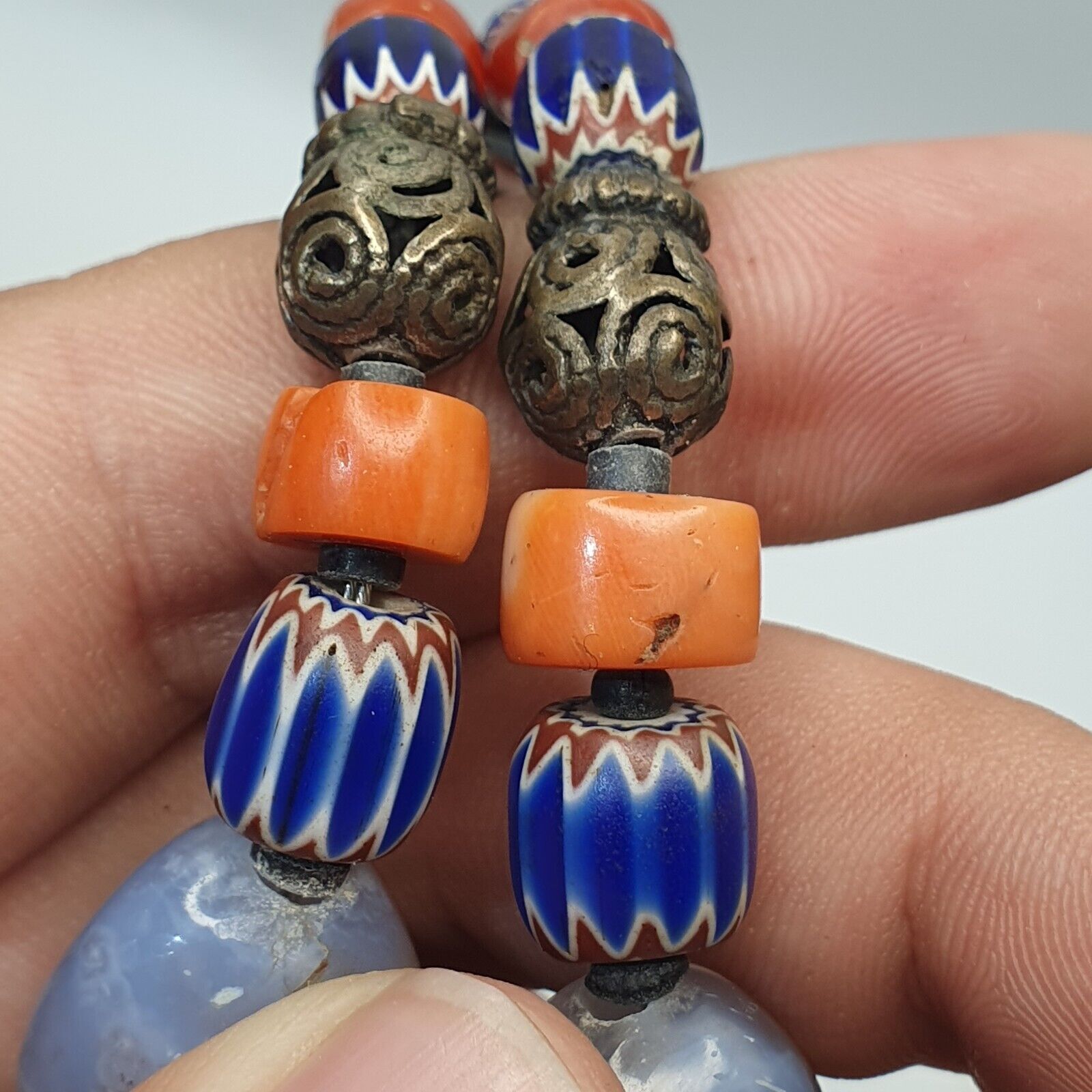 Antique Silver, Amber, Coral, Chevron, Agate, Mosiac Roman Glass  Beads Necklace