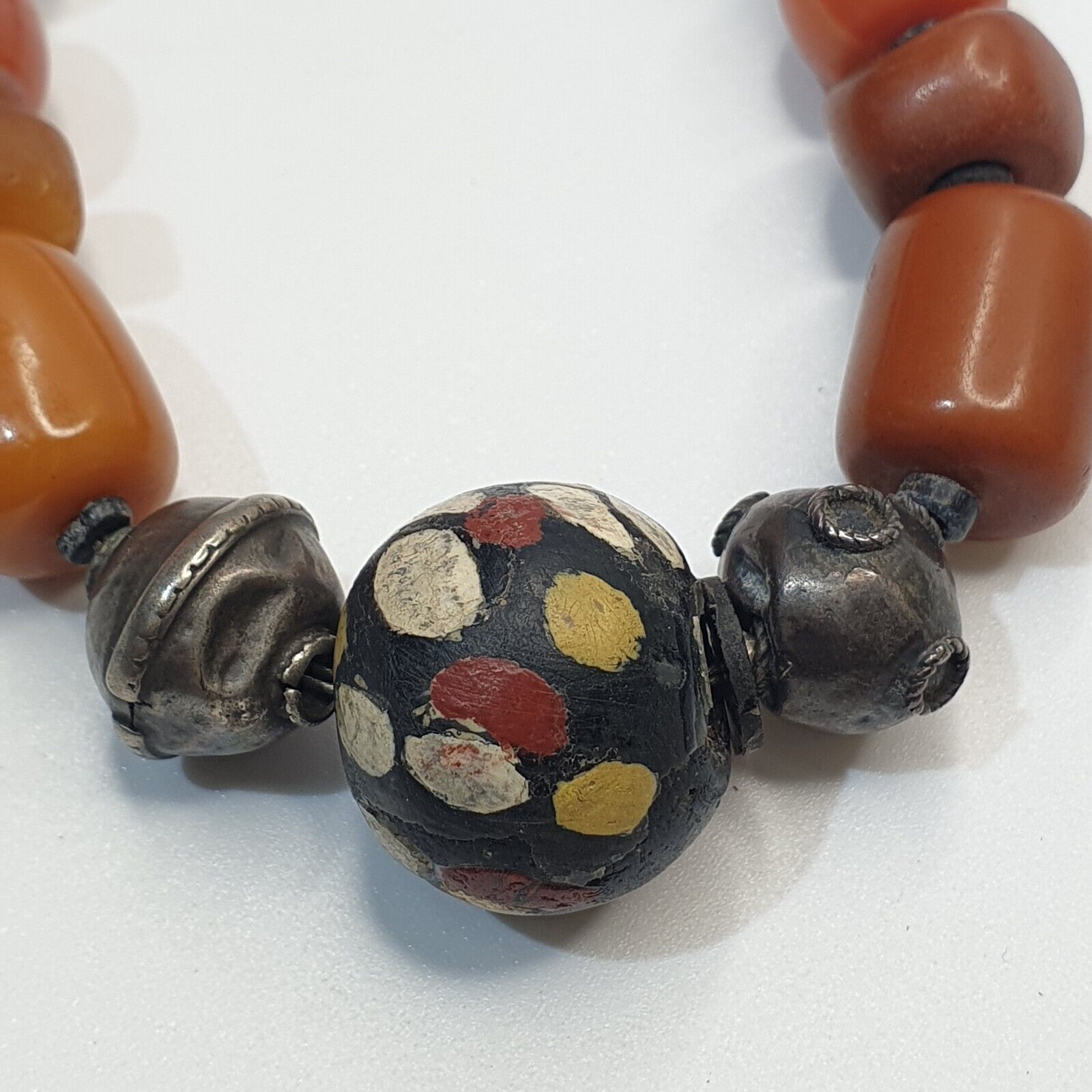 Antique Silver, Amber, Coral, Chevron, Agate, Mosiac Roman Glass  Beads Necklace