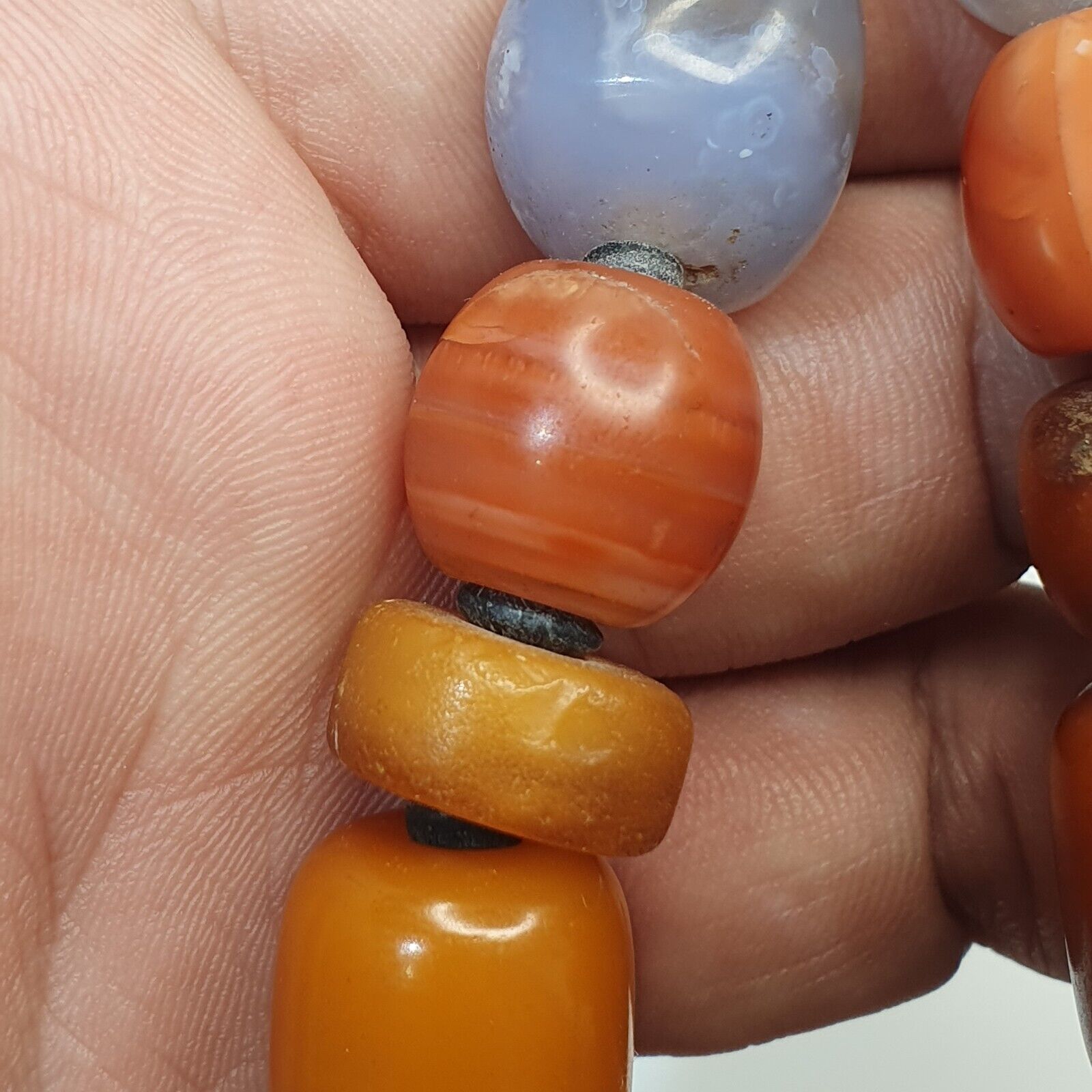 Antique Silver, Amber, Coral, Chevron, Agate, Mosiac Roman Glass  Beads Necklace
