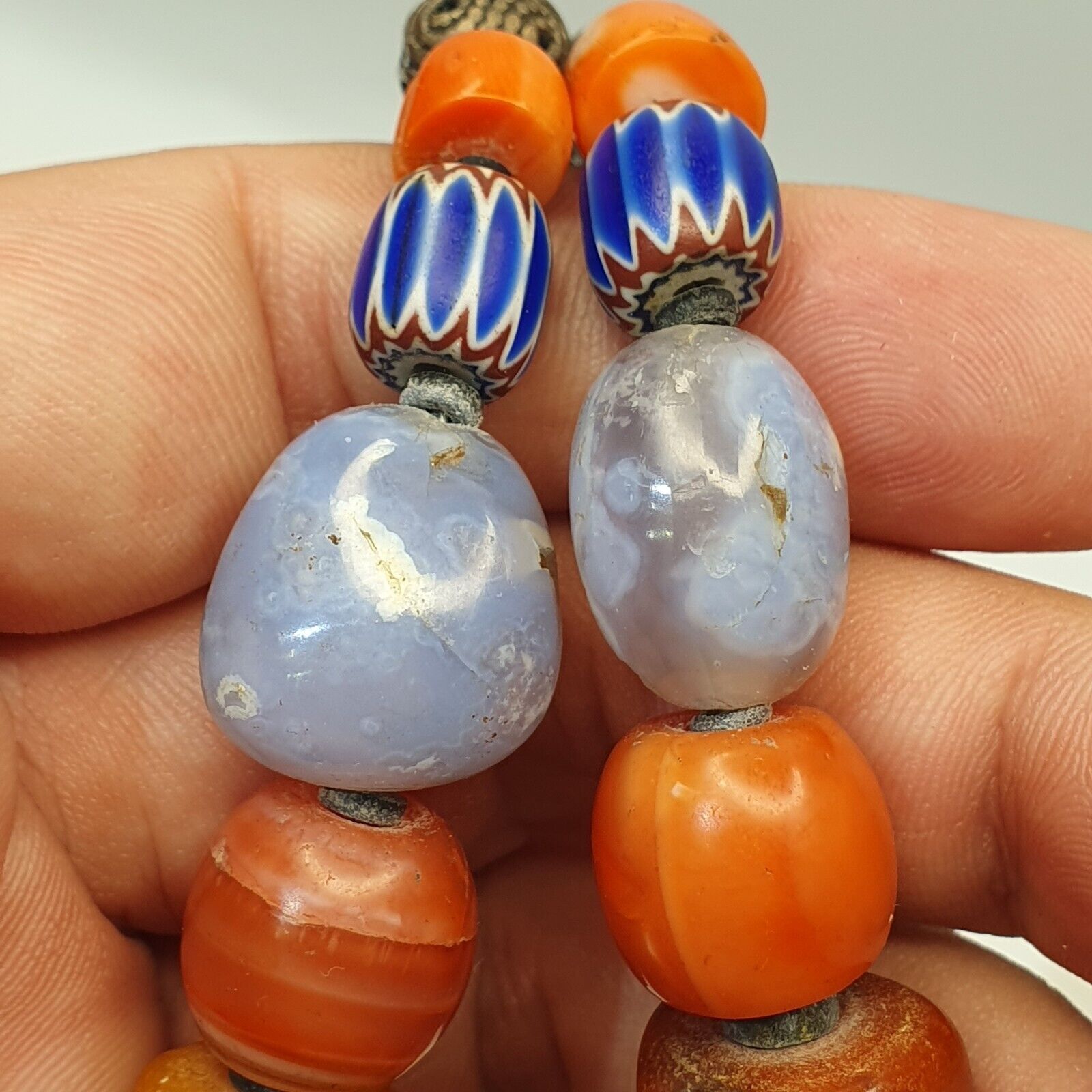 Antique Silver, Amber, Coral, Chevron, Agate, Mosiac Roman Glass  Beads Necklace