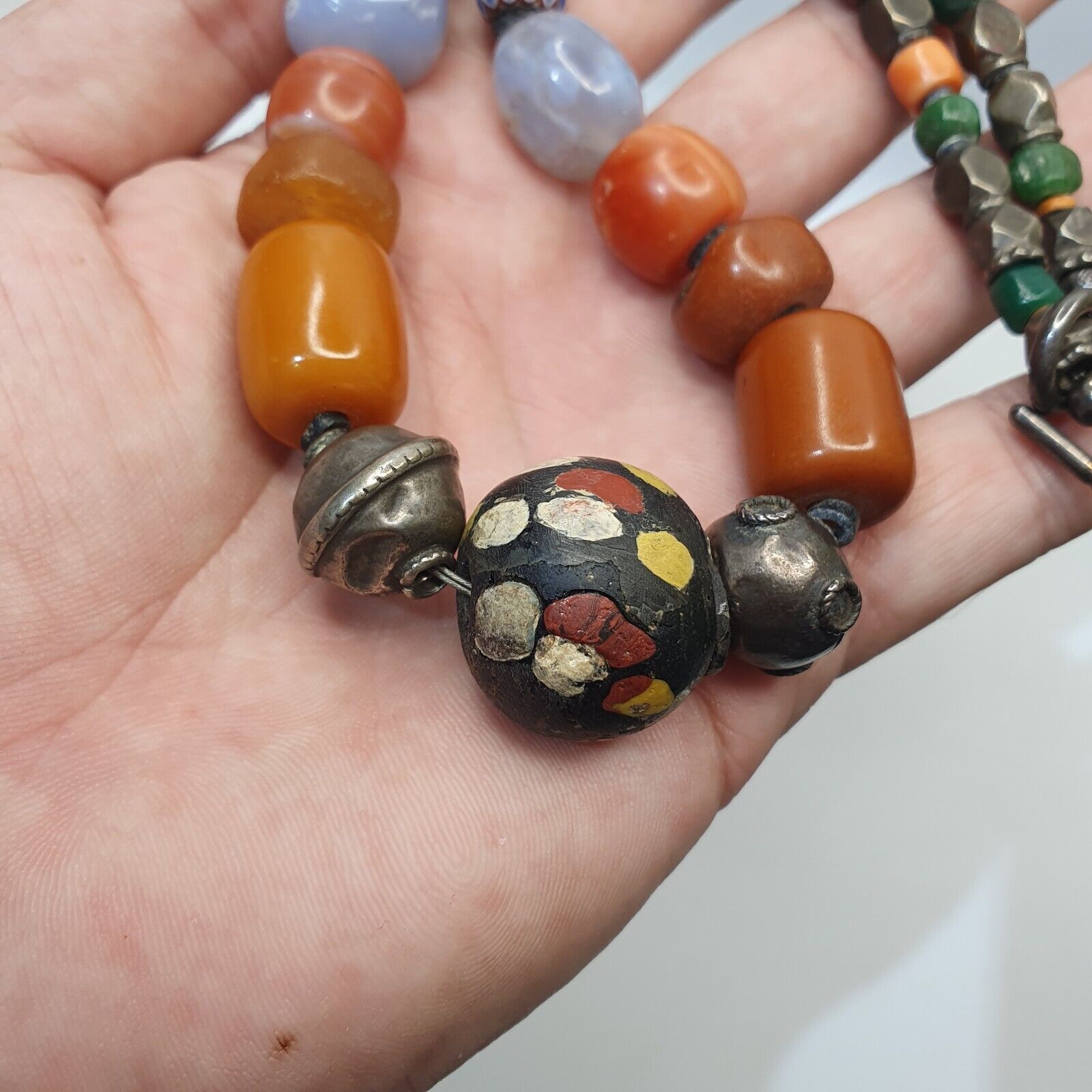 Antique Silver, Amber, Coral, Chevron, Agate, Mosiac Roman Glass  Beads Necklace