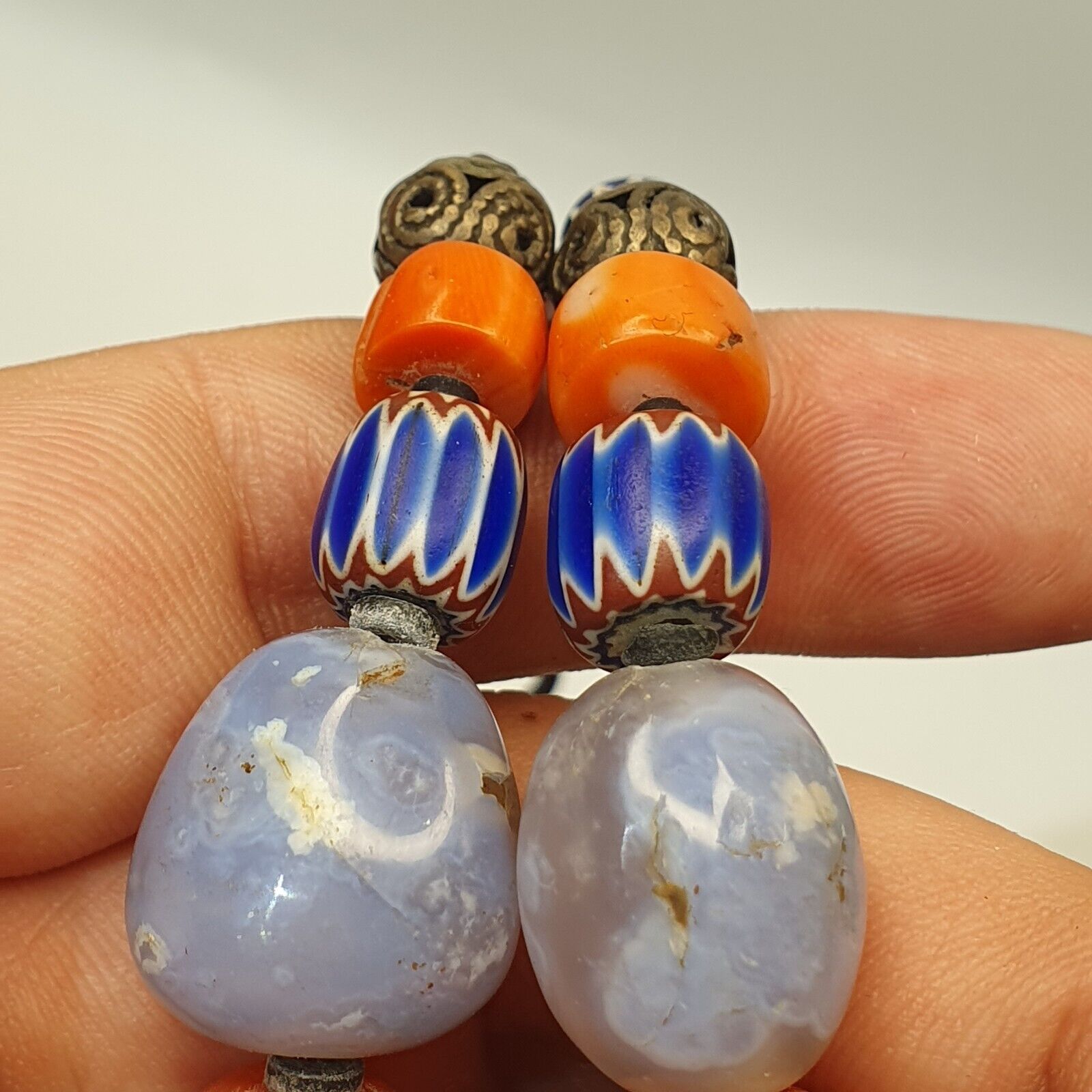 Antique Silver, Amber, Coral, Chevron, Agate, Mosiac Roman Glass  Beads Necklace