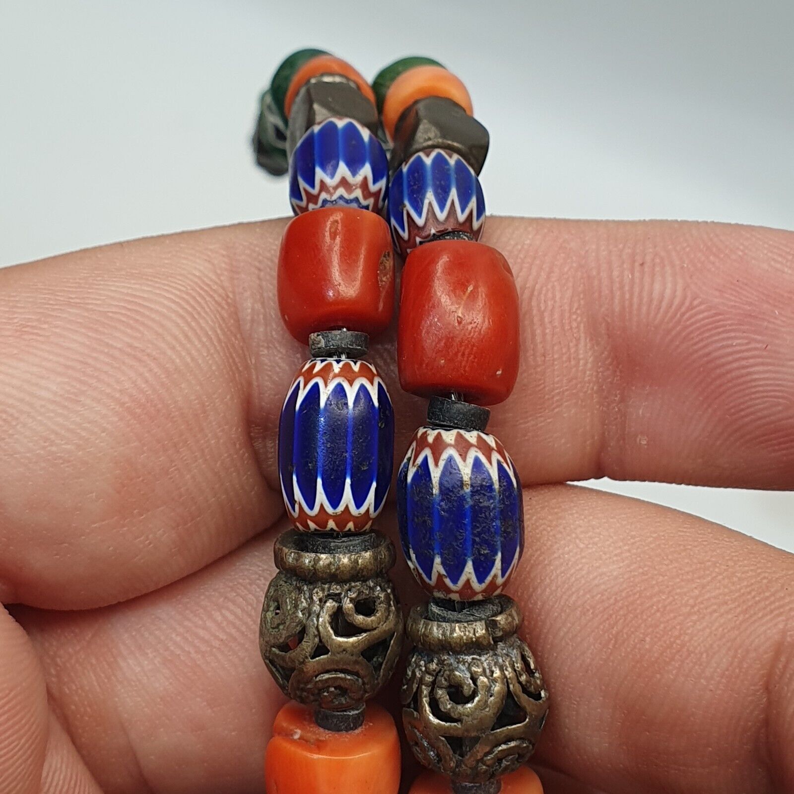 Antique Silver, Amber, Coral, Chevron, Agate, Mosiac Roman Glass  Beads Necklace