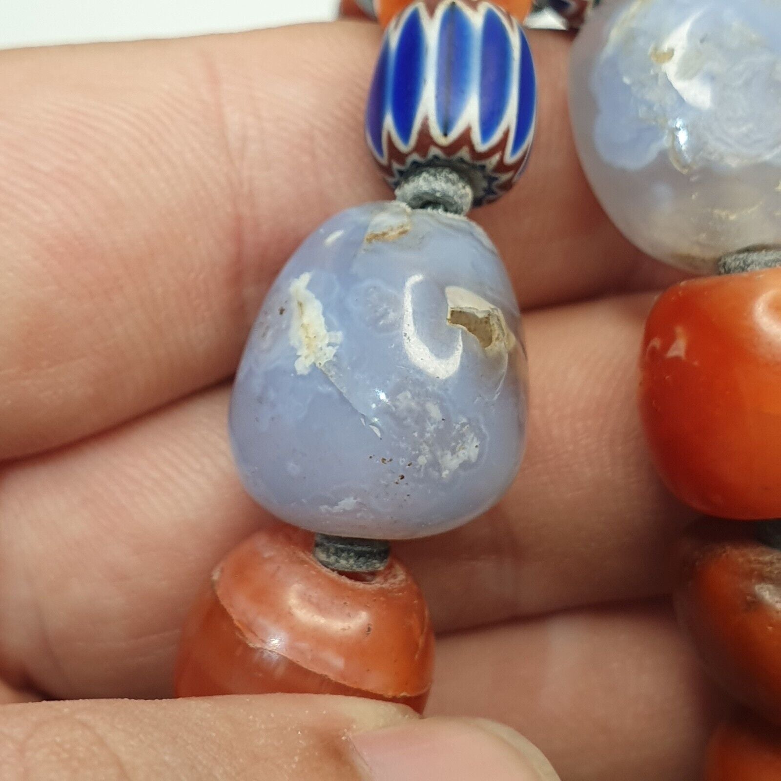 Antique Silver, Amber, Coral, Chevron, Agate, Mosiac Roman Glass  Beads Necklace
