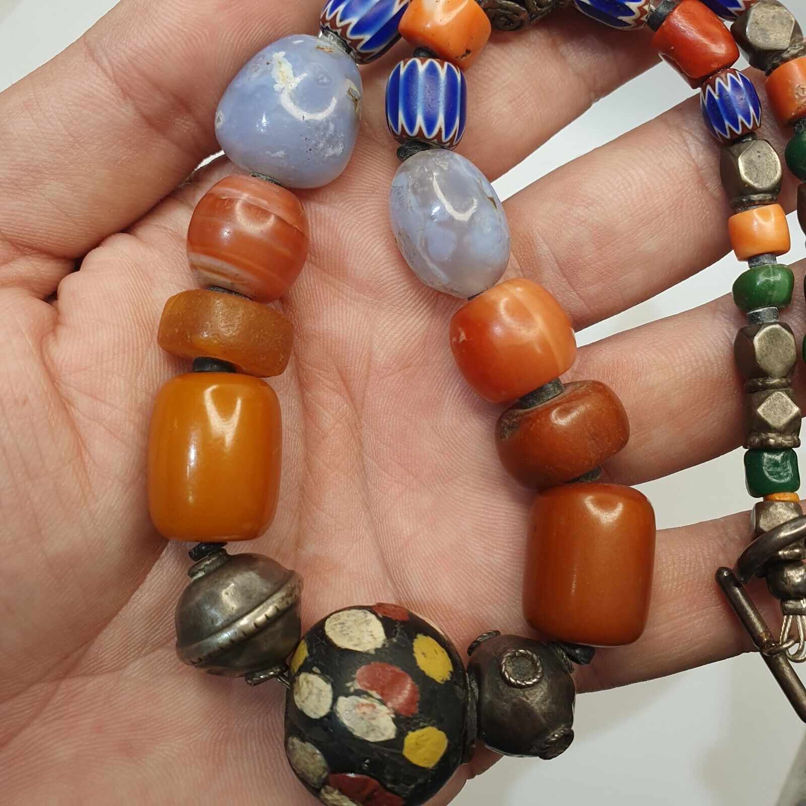 Antique Silver, Amber, Coral, Chevron, Agate, Mosiac Roman Glass  Beads Necklace