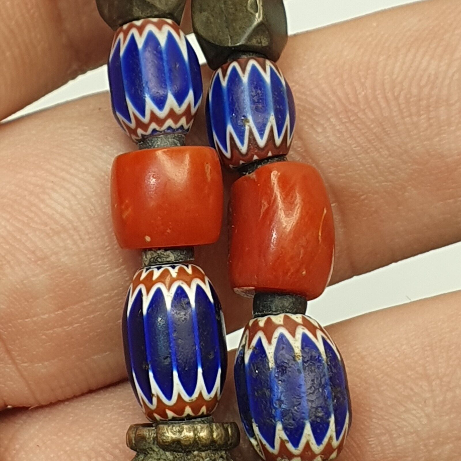 Antique Silver, Amber, Coral, Chevron, Agate, Mosiac Roman Glass  Beads Necklace