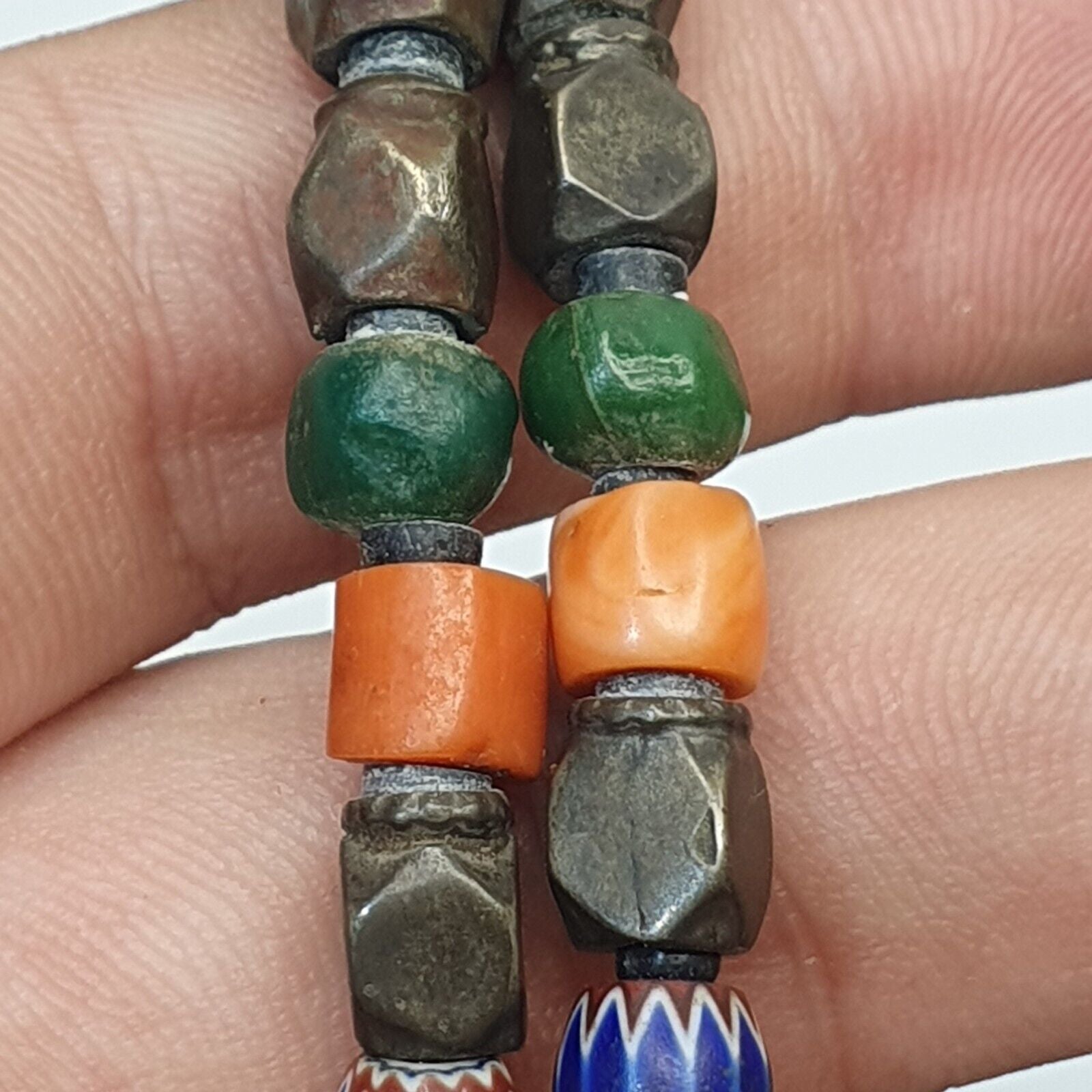 Antique Silver, Amber, Coral, Chevron, Agate, Mosiac Roman Glass  Beads Necklace