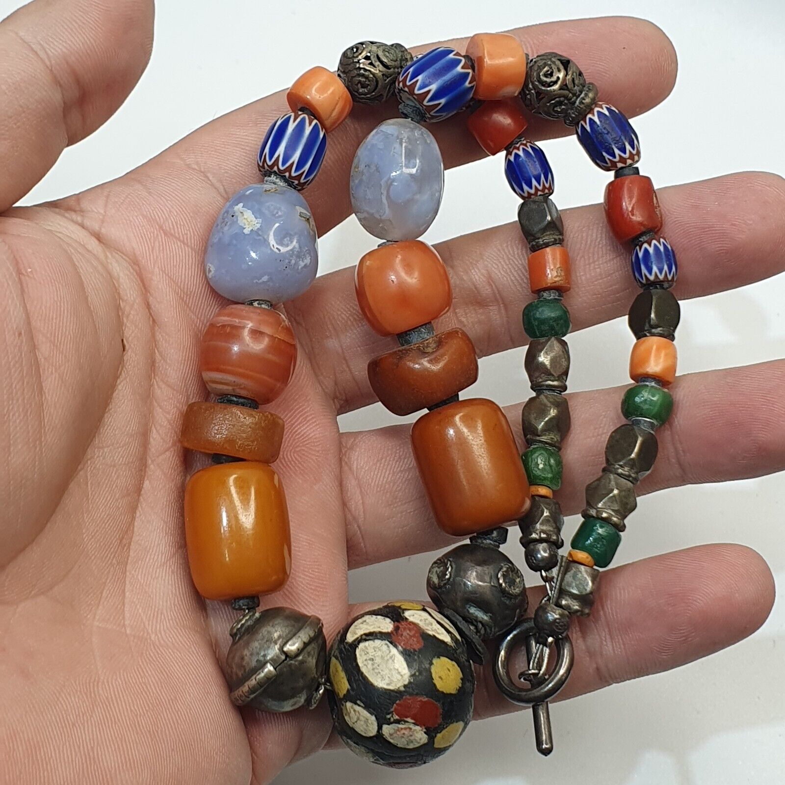 Antique Silver, Amber, Coral, Chevron, Agate, Mosiac Roman Glass  Beads Necklace