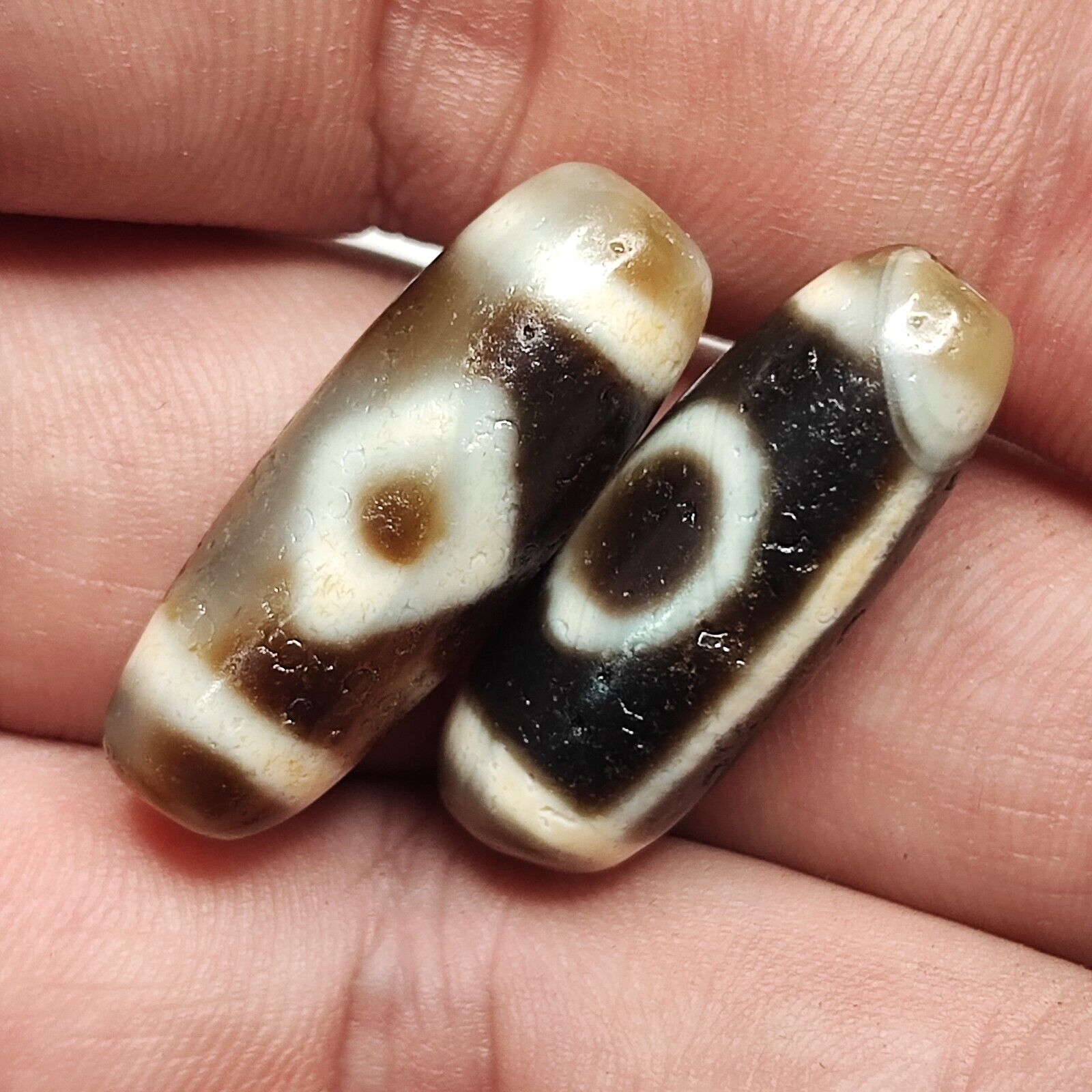 Lot 2 Powerful Diamond, Circle Eyes Antique Tibetan Agate Dzi Bead Amulet 128