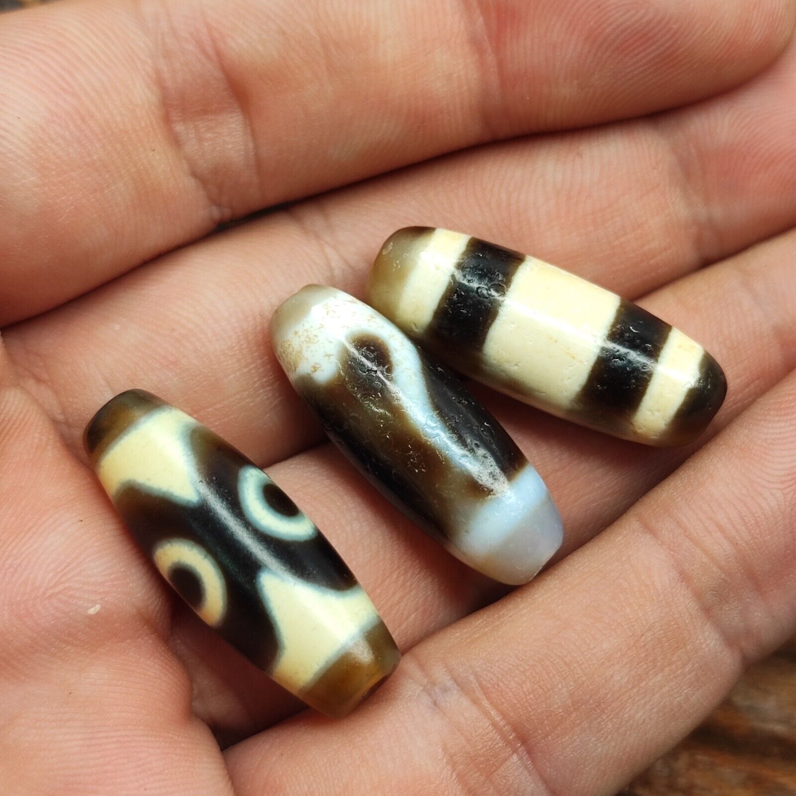 Lot 3 Powerful Unique patterns Antique Tibetan Agate Dzi Bead Amulet 126