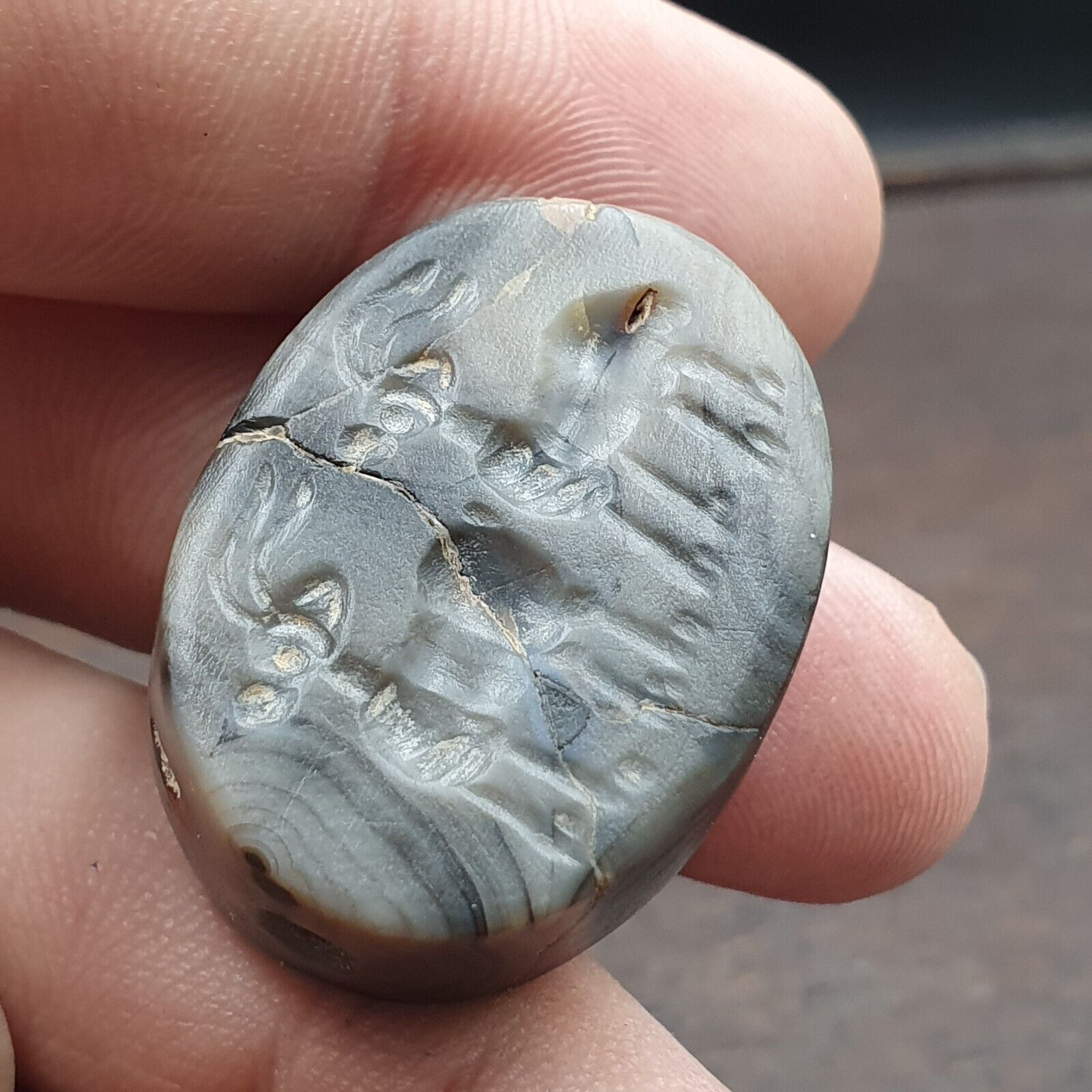 Antient Antique Babylonian intaglio Agate Bead, Stamp Seal