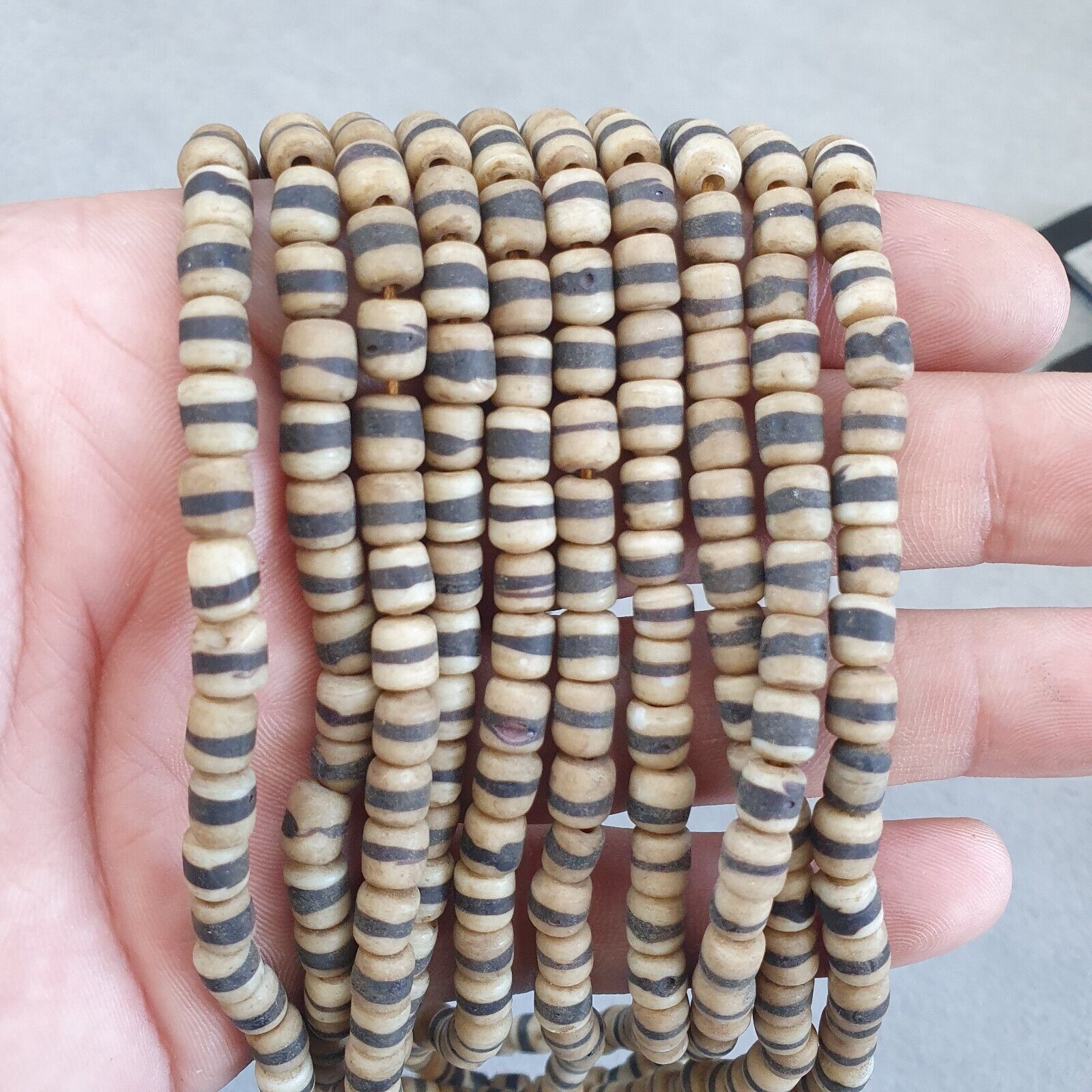 Old African White glass with Black Stripes Vintage beads Strand necklace