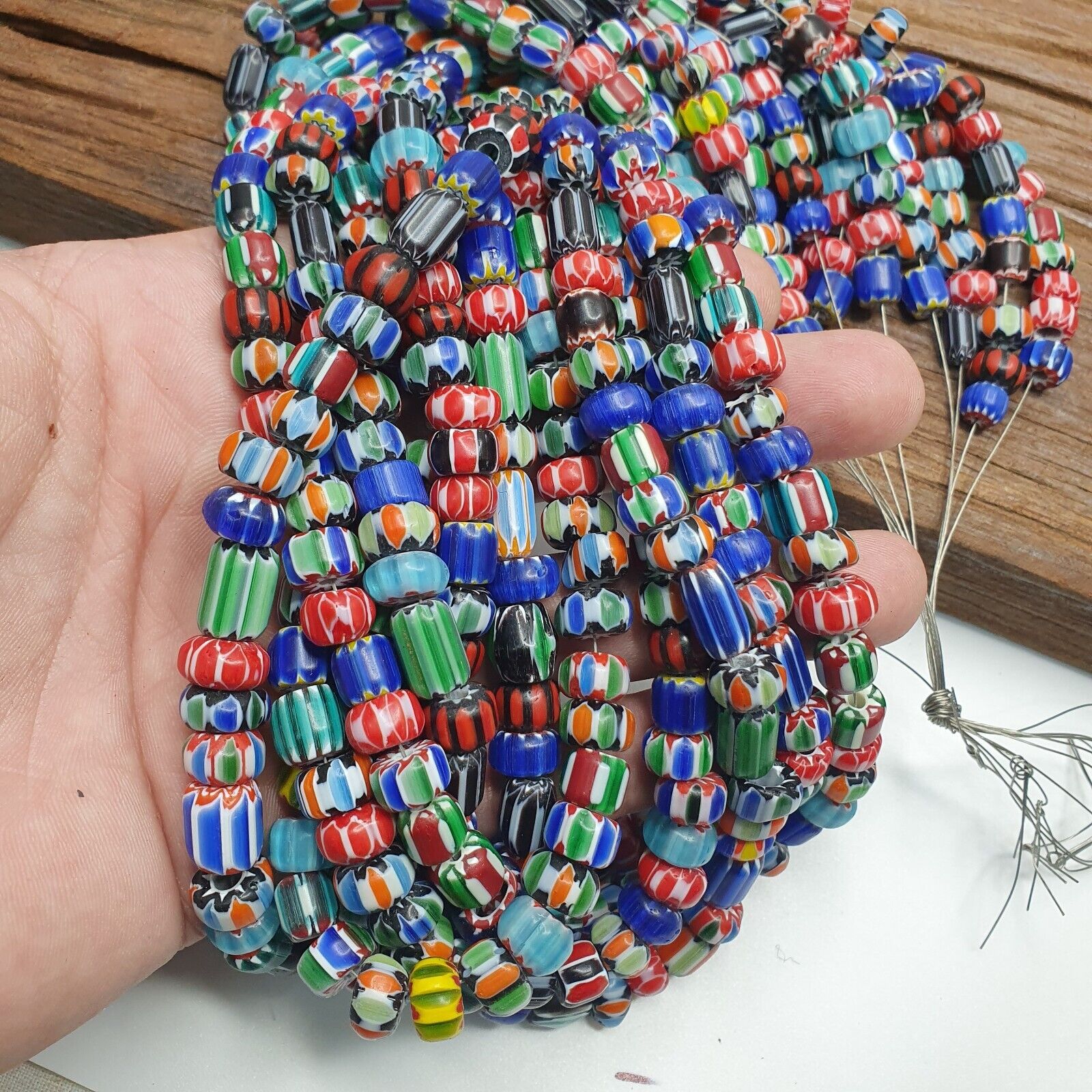 Lot 6 Vintage Venetian African Style Glass Chevron 6-10mm Beads Long Strand L4