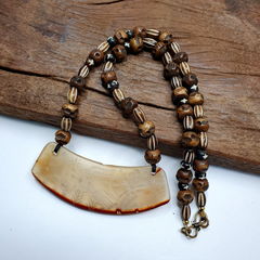 Antique Vintage Himalayan Carving Agate Pendant Yak Bone Beads