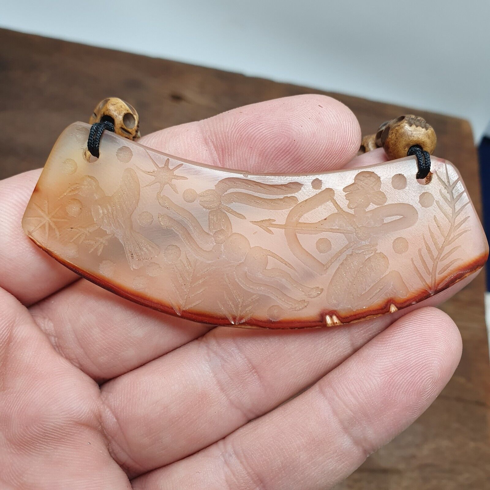 Antique Vintage Himalayan Carving Agate Pendant Yak Bone Beads