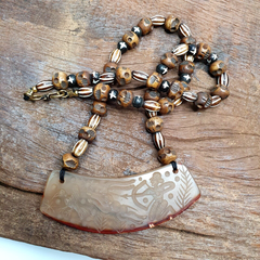 Antique Vintage Himalayan Carving Agate Pendant Yak Bone Beads