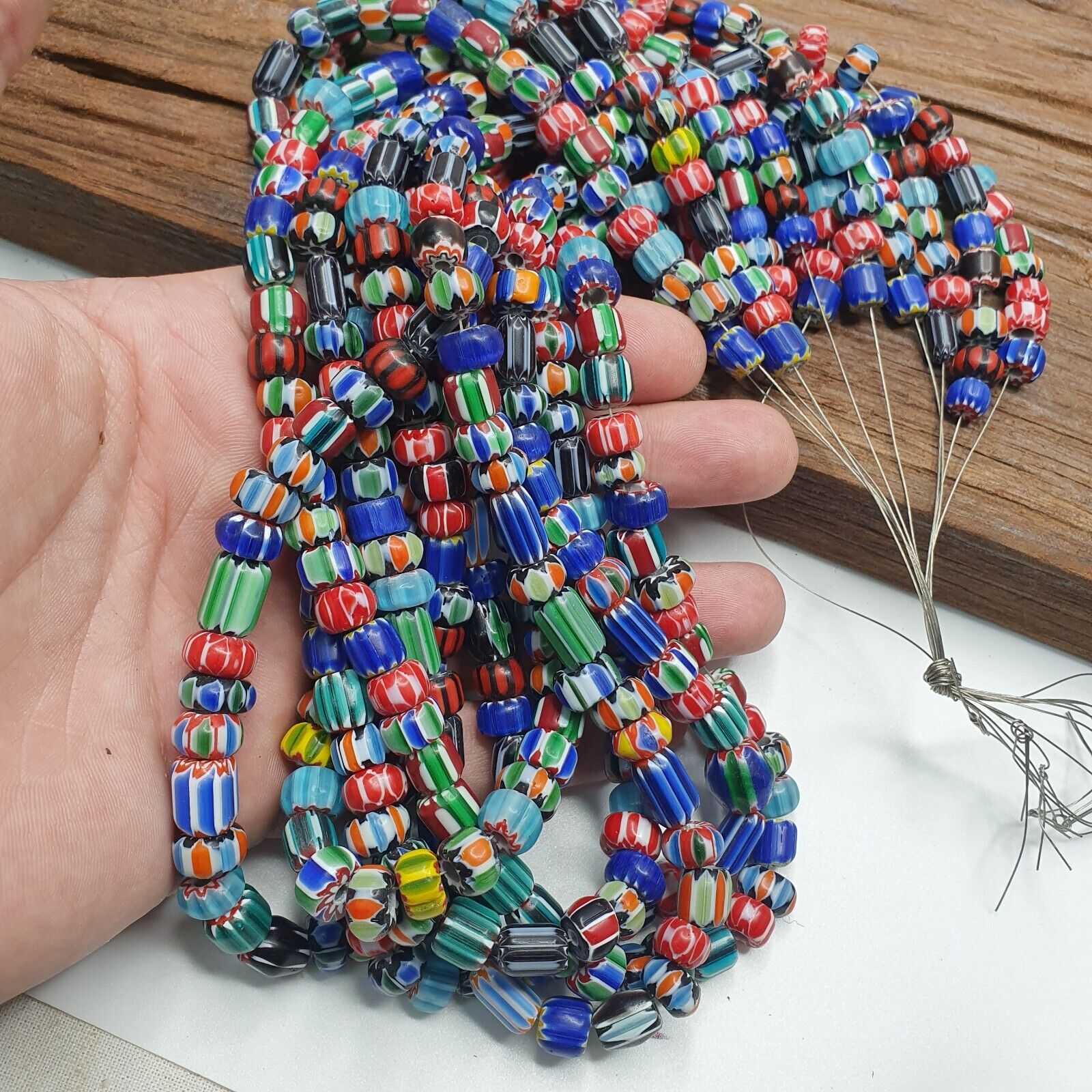 Lot 6 Vintage Venetian African Style Glass Chevron 6-10mm Beads Long Strand L4