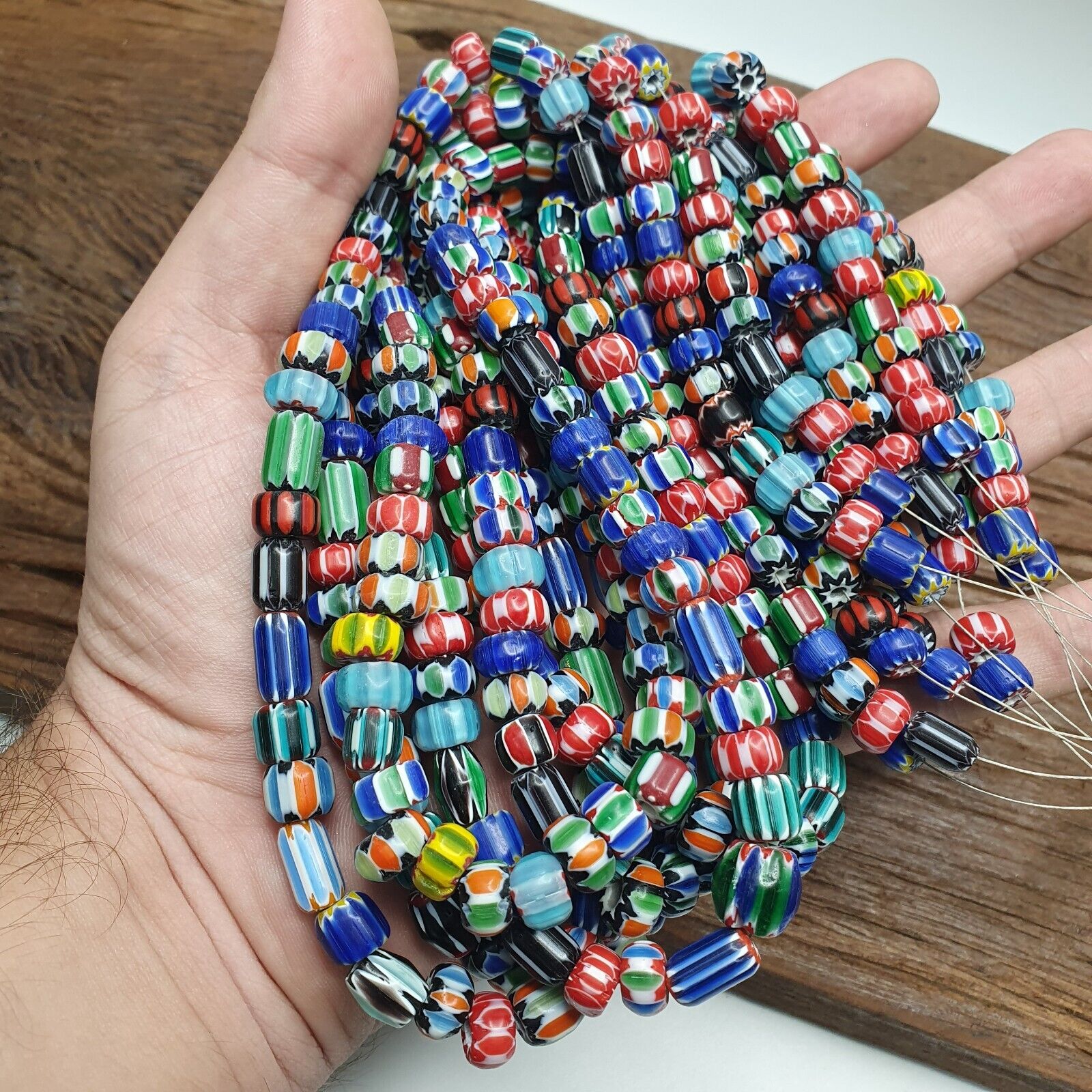 Lot 6 Vintage Venetian African Style Glass Chevron 6-10mm Beads Long Strand L4