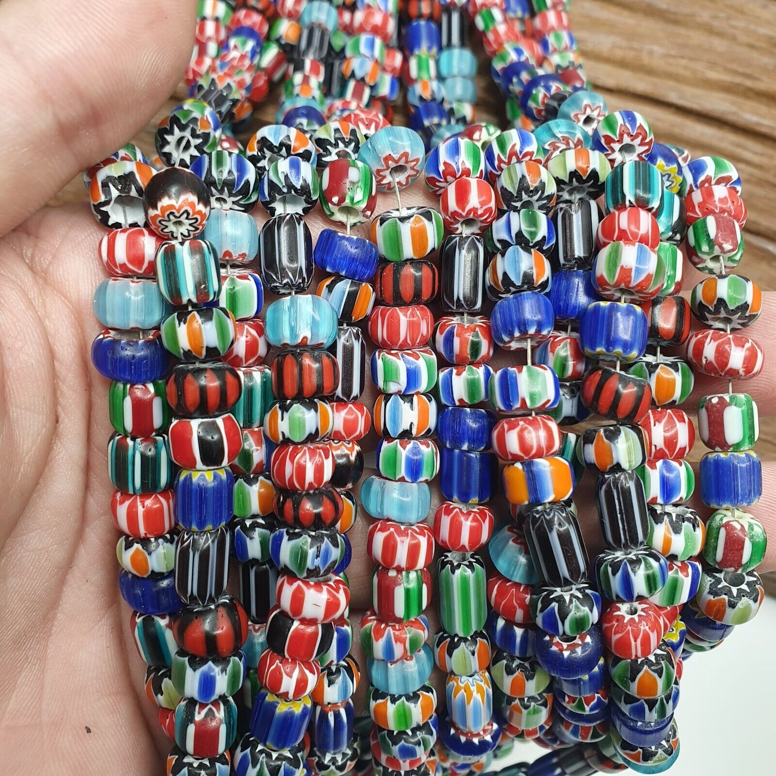 Lot 6 Vintage Venetian African Style Glass Chevron 6-10mm Beads Long Strand L4