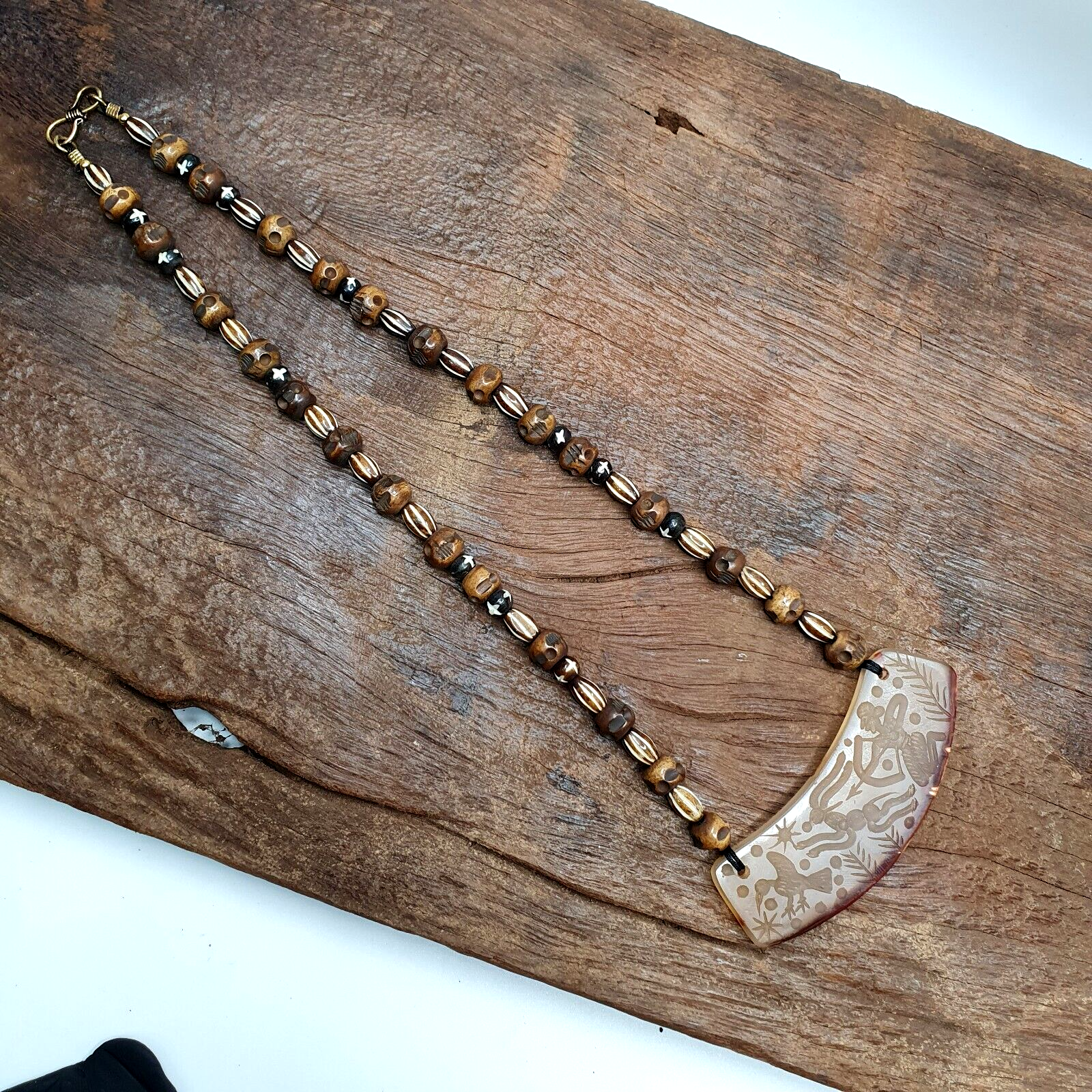 Antique Vintage Himalayan Carving Agate Pendant Yak Bone Beads