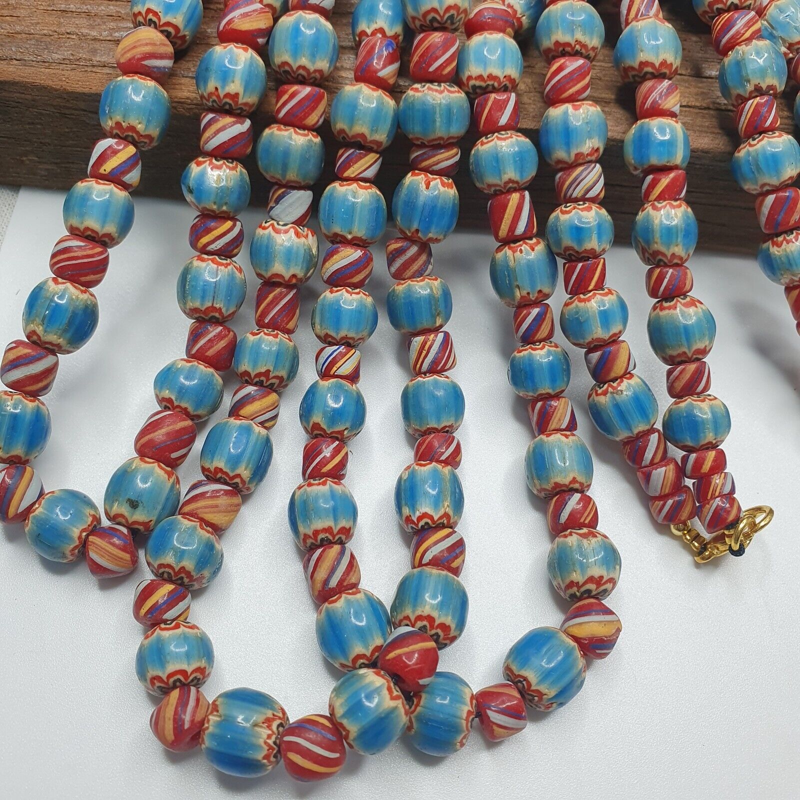 Vintage BLUE Chevron Beads Venetian African Style Beads Long Strand Necklace