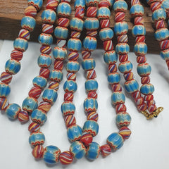 Vintage BLUE Chevron Beads Venetian African Style Beads Long Strand Necklace