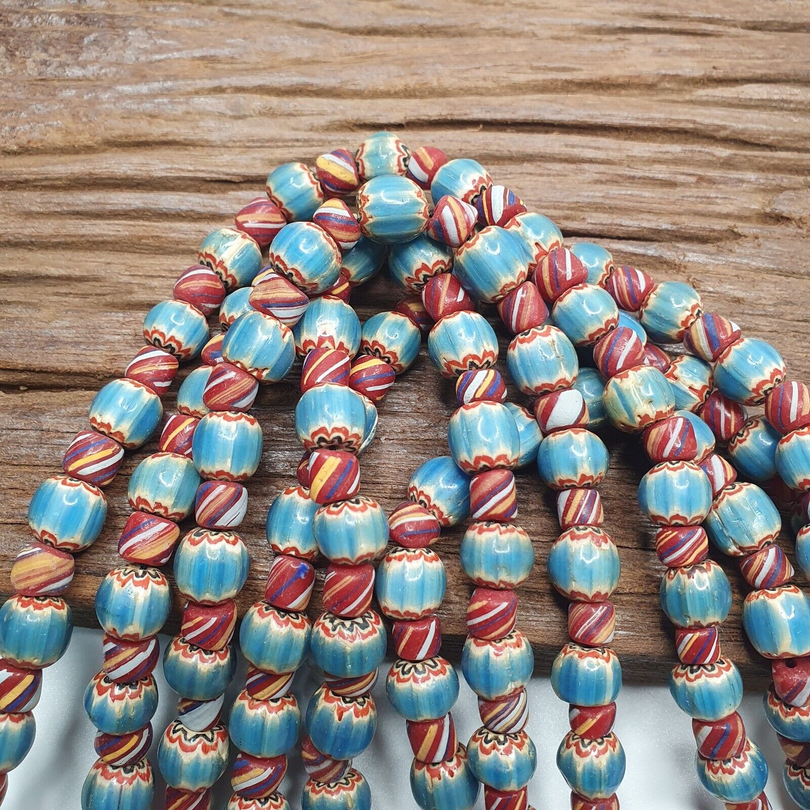 Vintage BLUE Chevron Beads Venetian African Style Beads Long Strand Necklace