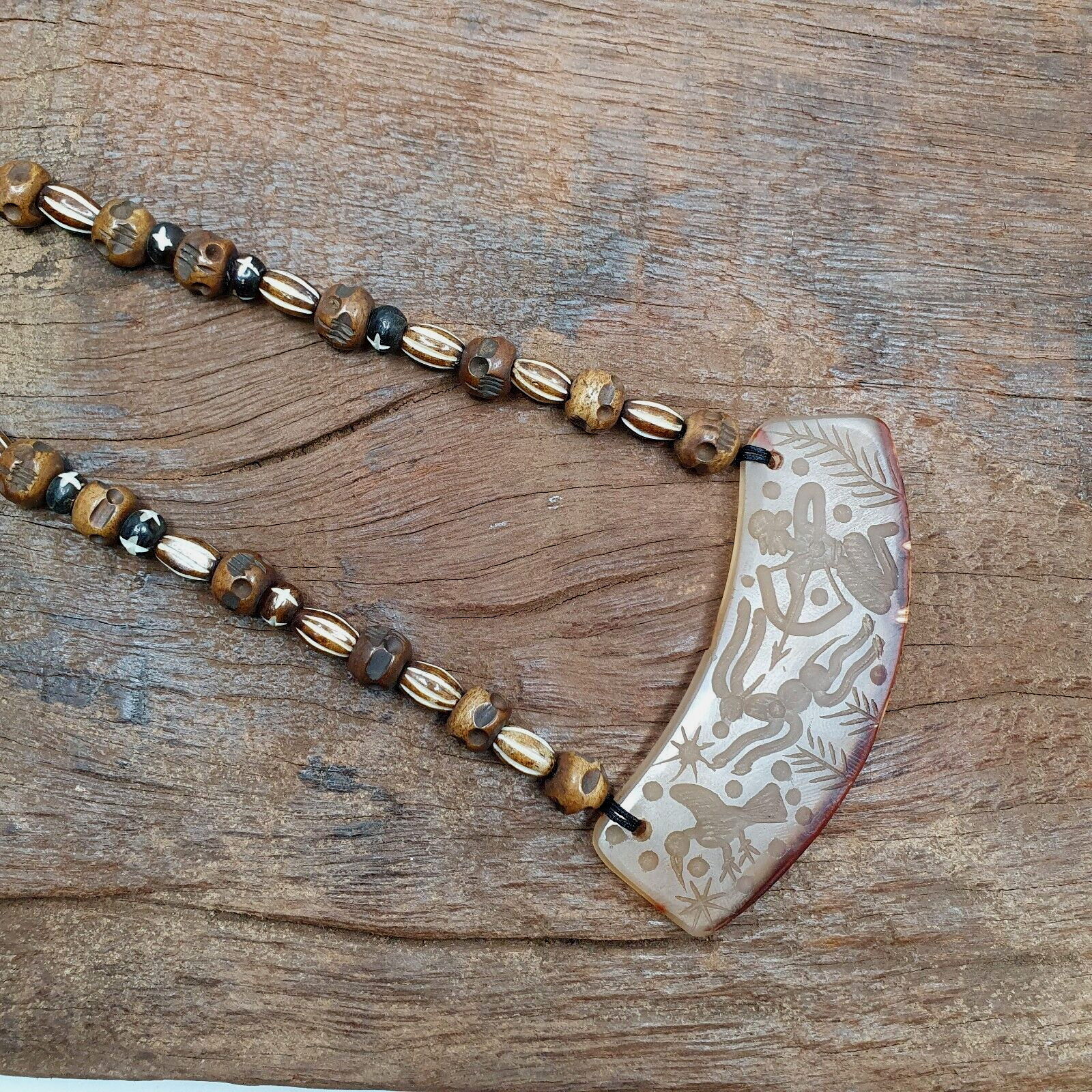 Antique Vintage Himalayan Carving Agate Pendant Yak Bone Beads