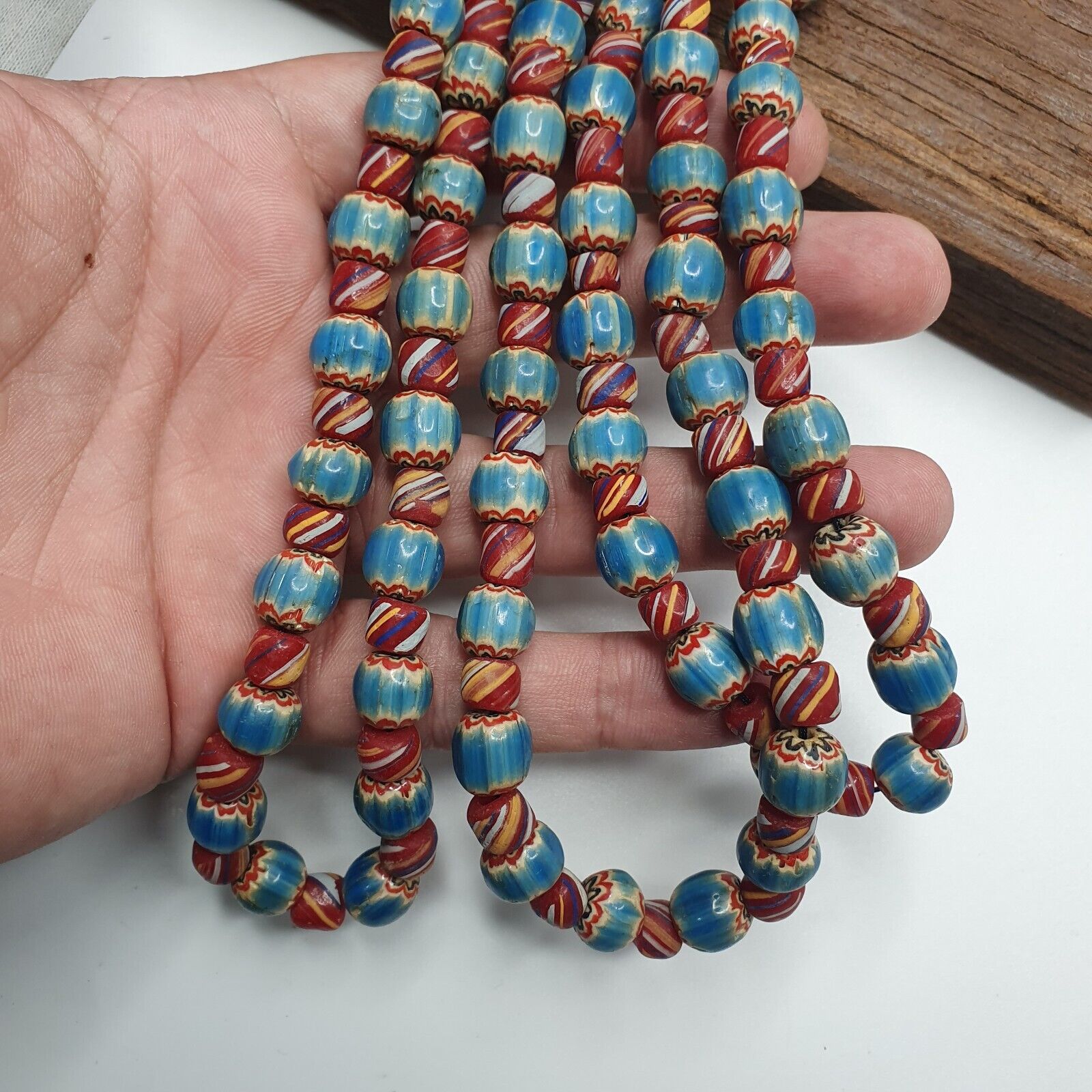 Vintage BLUE Chevron Beads Venetian African Style Beads Long Strand Necklace