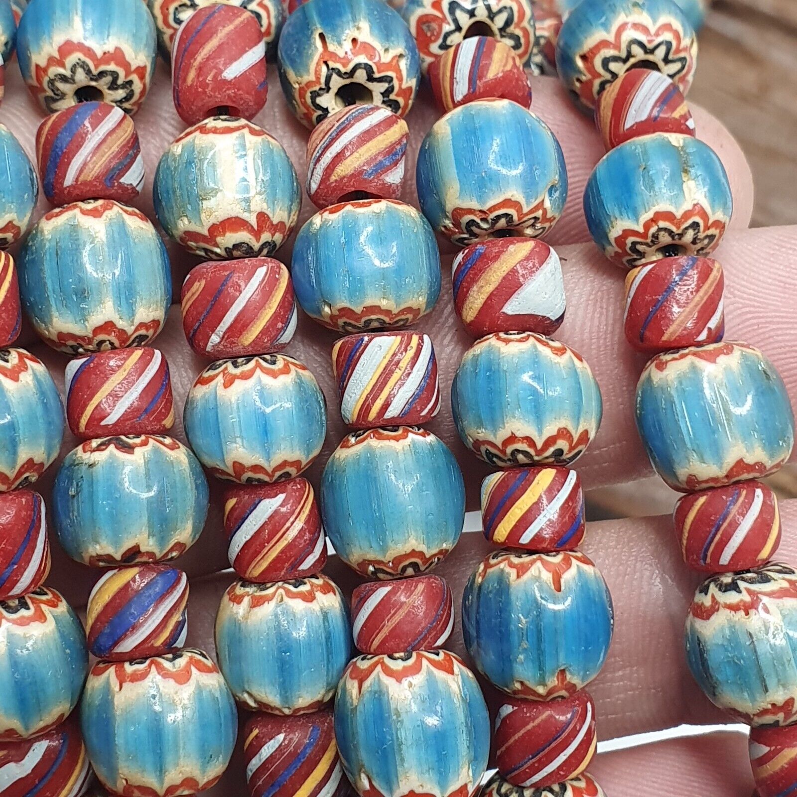 Vintage BLUE Chevron Beads Venetian African Style Beads Long Strand Necklace
