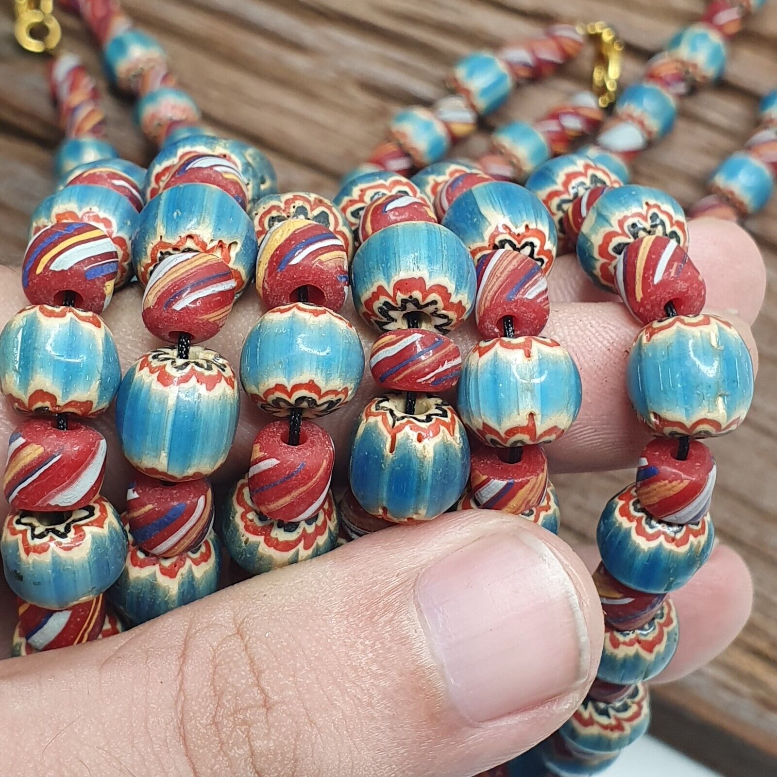 Vintage BLUE Chevron Beads Venetian African Style Beads Long Strand Necklace