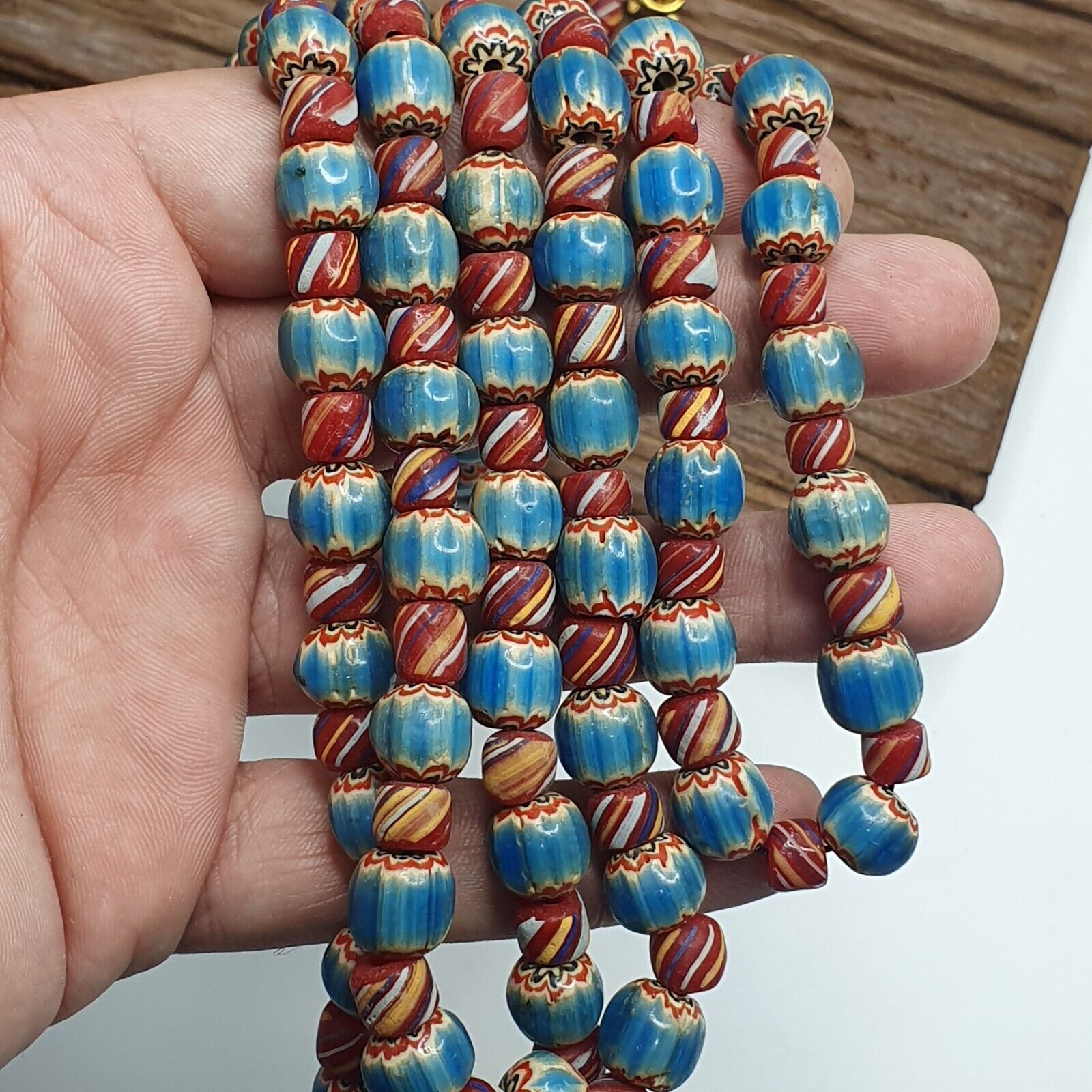 Vintage BLUE Chevron Beads Venetian African Style Beads Long Strand Necklace