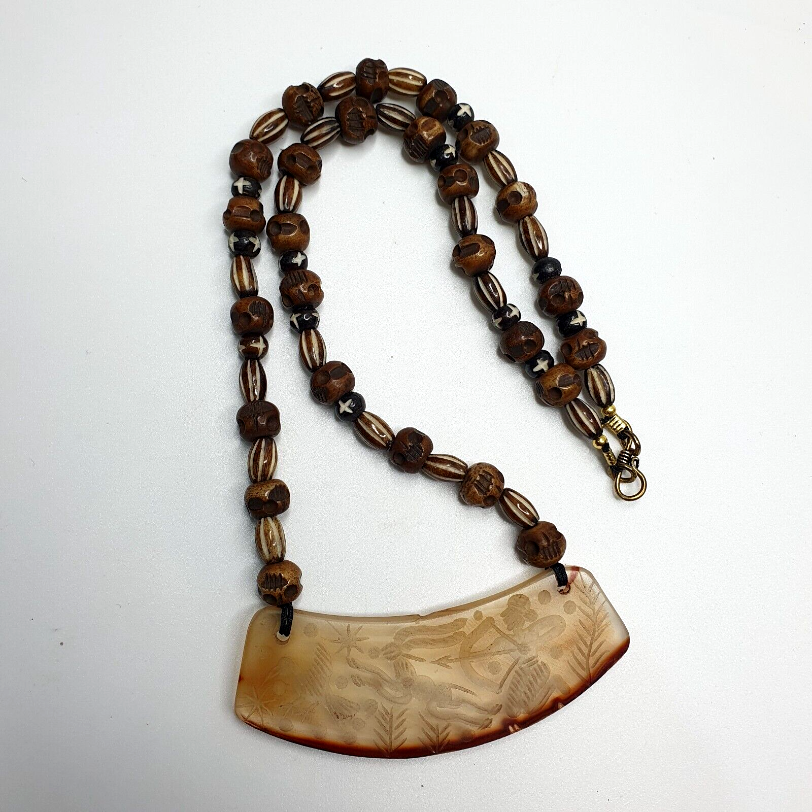 Antique Vintage Himalayan Carving Agate Pendant Yak Bone Beads