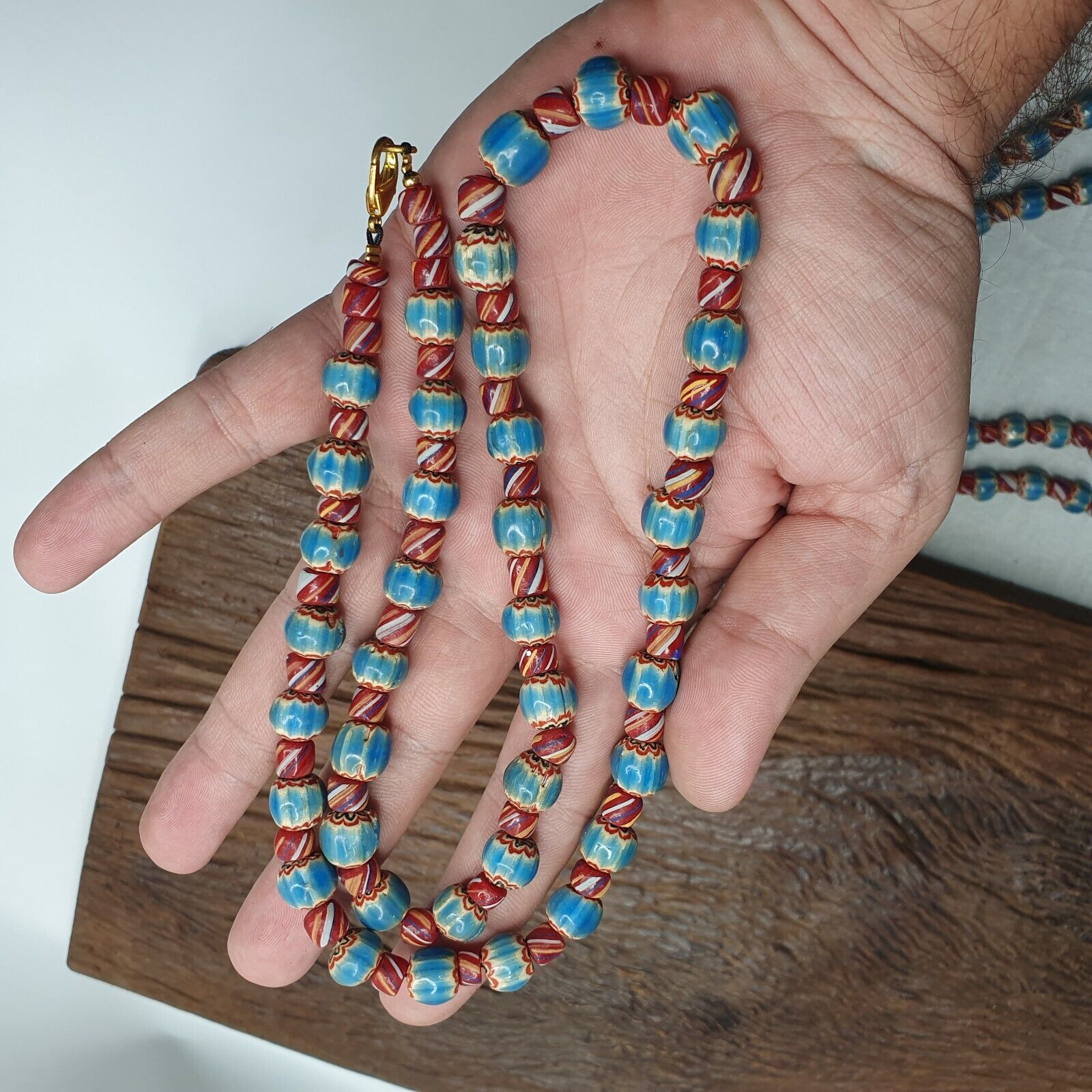 Vintage BLUE Chevron Beads Venetian African Style Beads Long Strand Necklace
