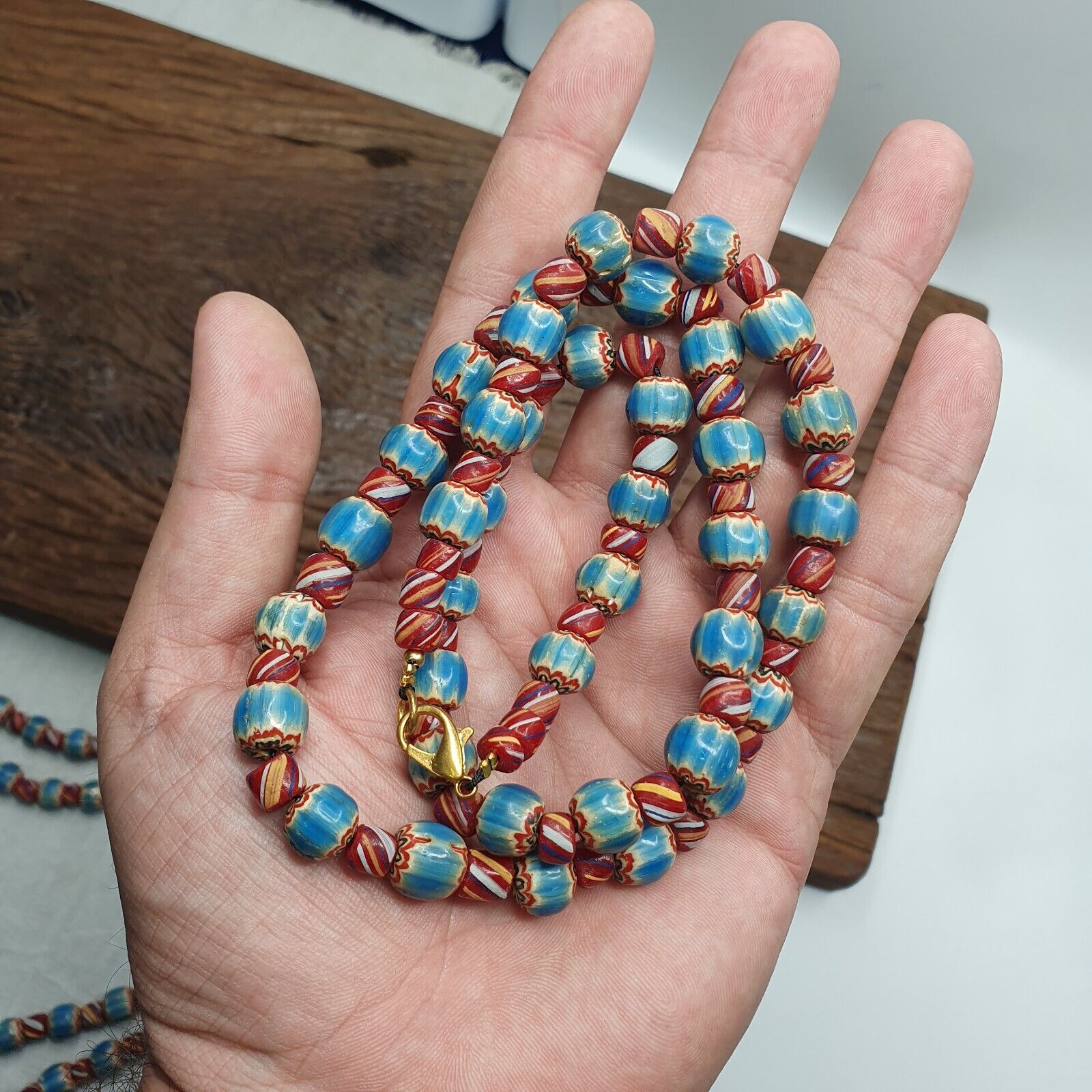 Vintage BLUE Chevron Beads Venetian African Style Beads Long Strand Necklace