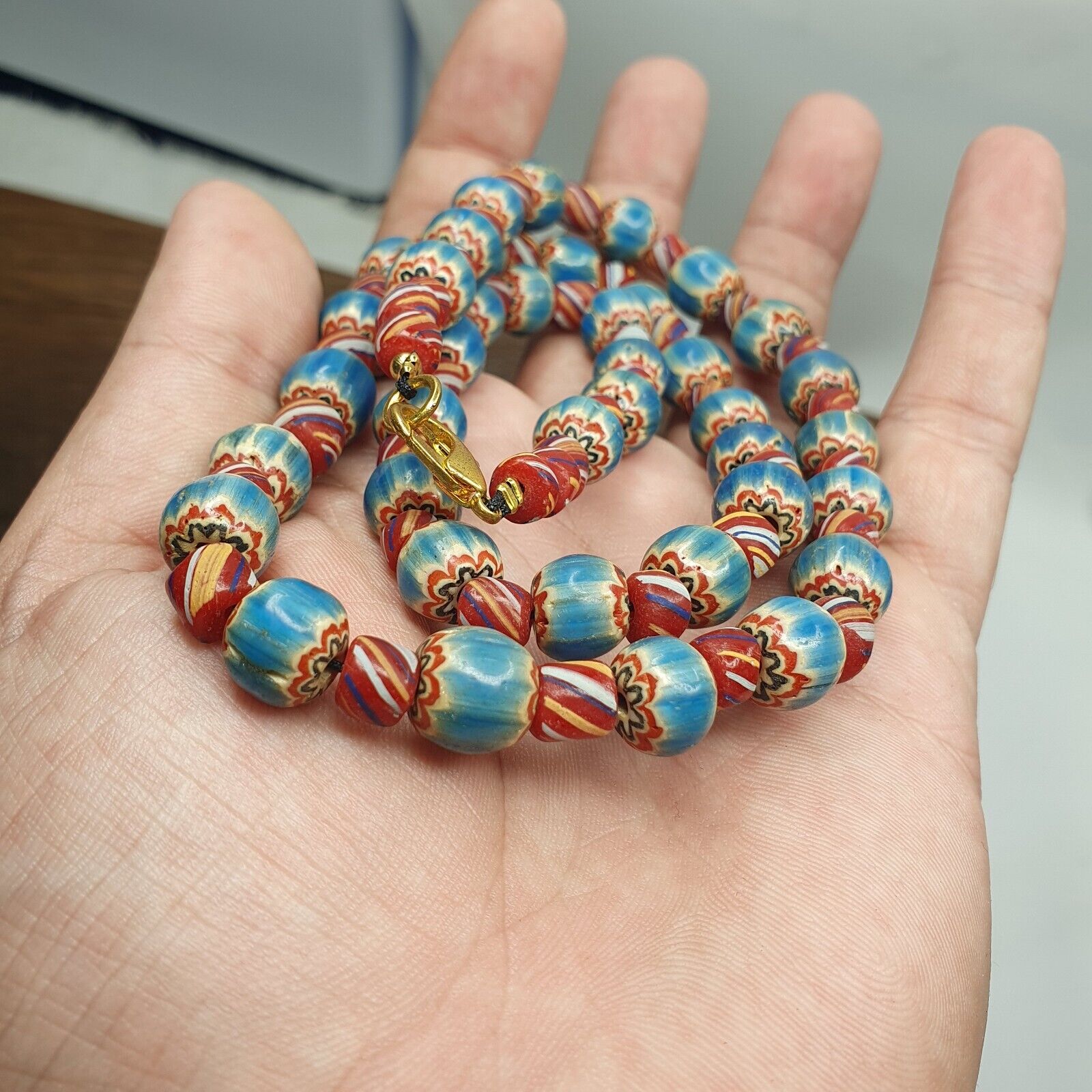 Vintage BLUE Chevron Beads Venetian African Style Beads Long Strand Necklace