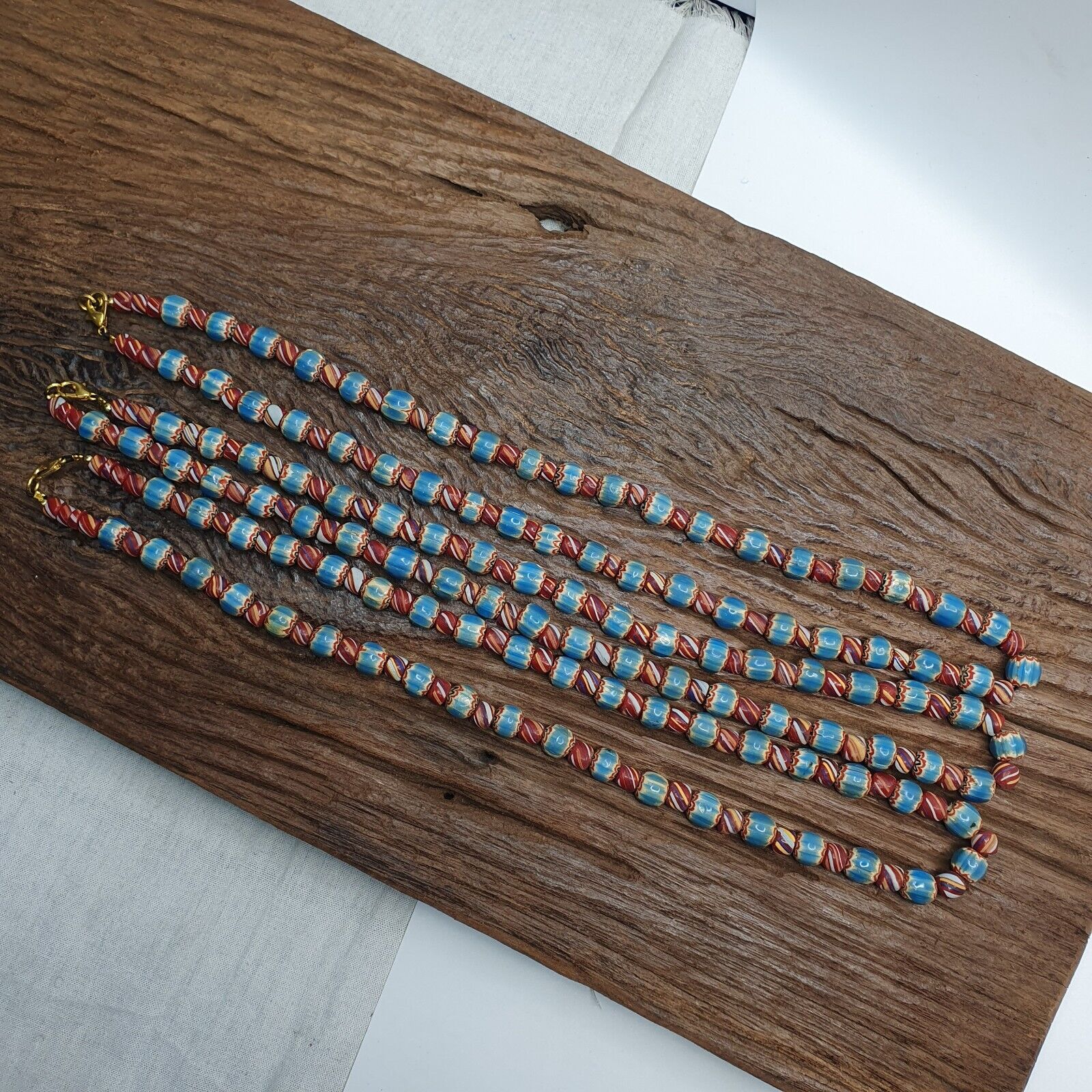 Vintage BLUE Chevron Beads Venetian African Style Beads Long Strand Necklace